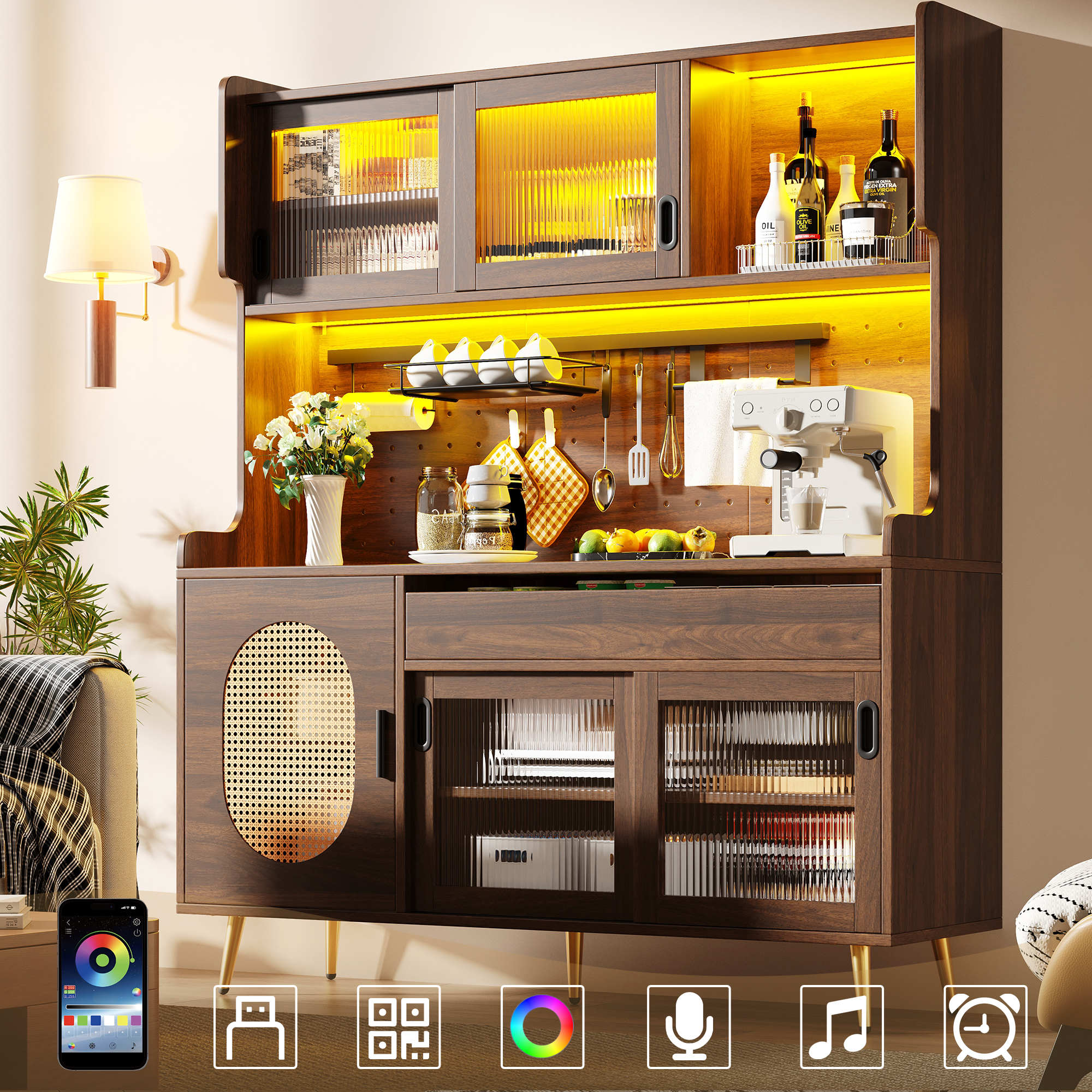 Sideboard  Storage Cabinet  Kitchen Cabinet  Buffet, 145x39x171cm, Country Style, 5 Doors, With LED Light Strip & Pegboard, Fluted Glass Doors, Brown Black