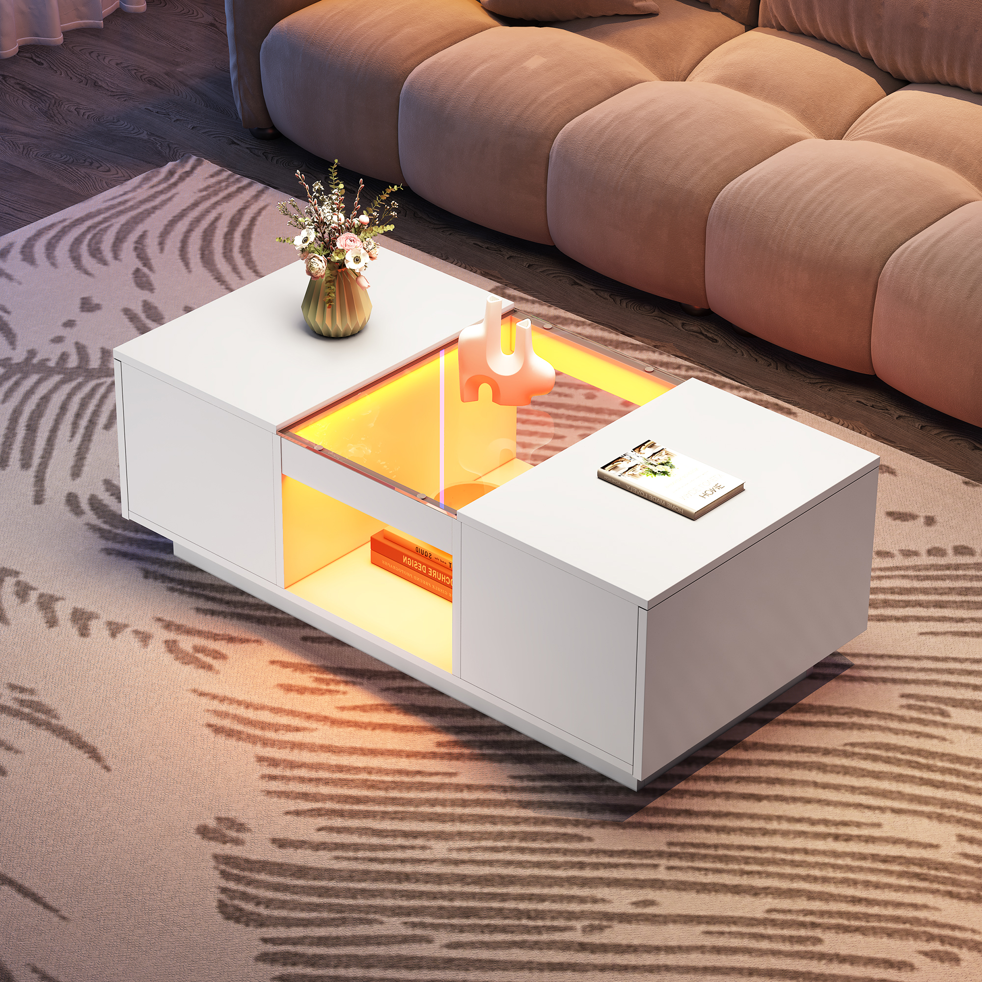 LED Coffee Table For Living Room, Modern Coffee Table With Storage With LED Lights, 2 Tiers And 2 Drawers, Large Living Room Center Tables White