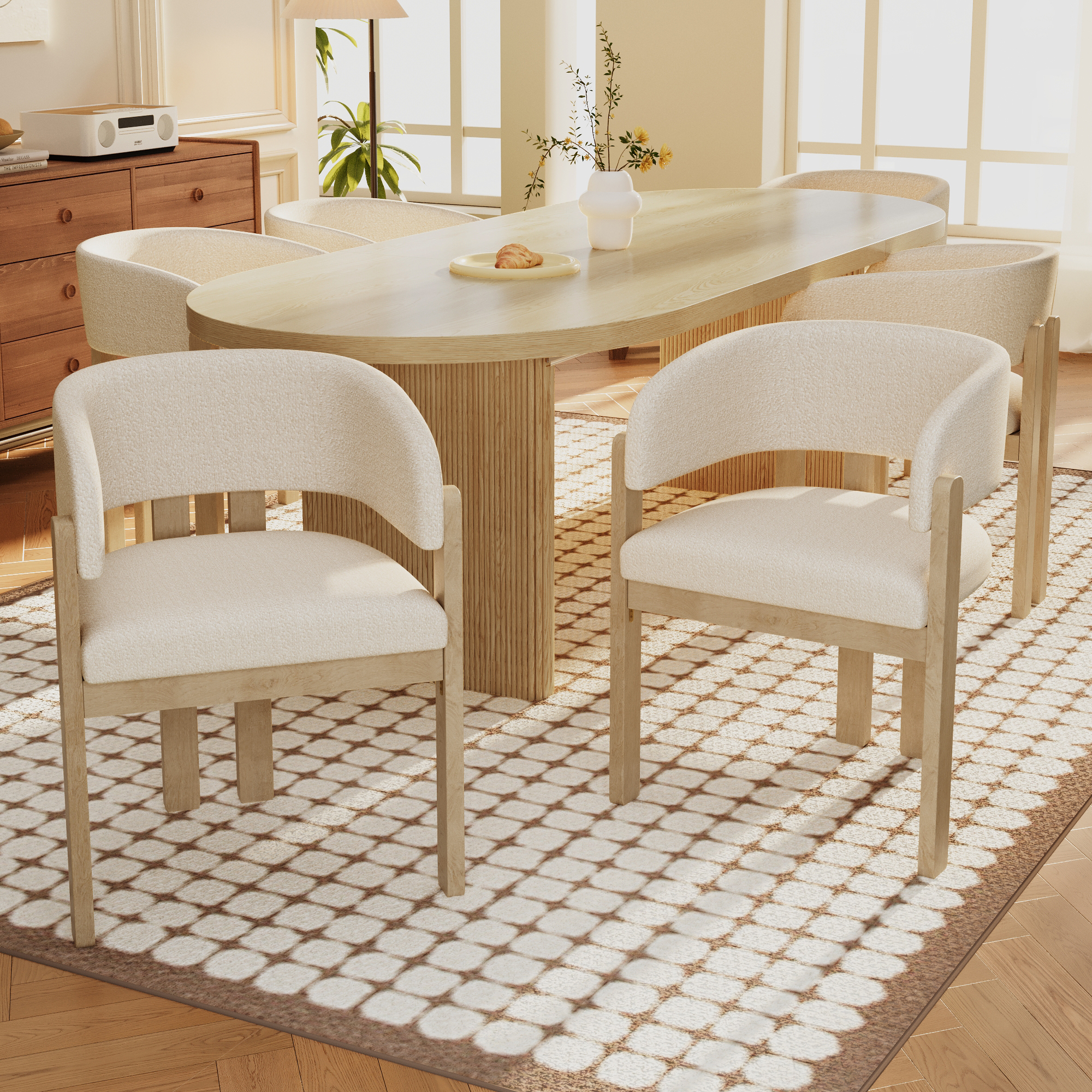 Set Of 6, Solid Wood Chairs, Dining Chairs, Suitable For Homes, Restaurants, Living Rooms, And Cafes, Boucle, Natural Color