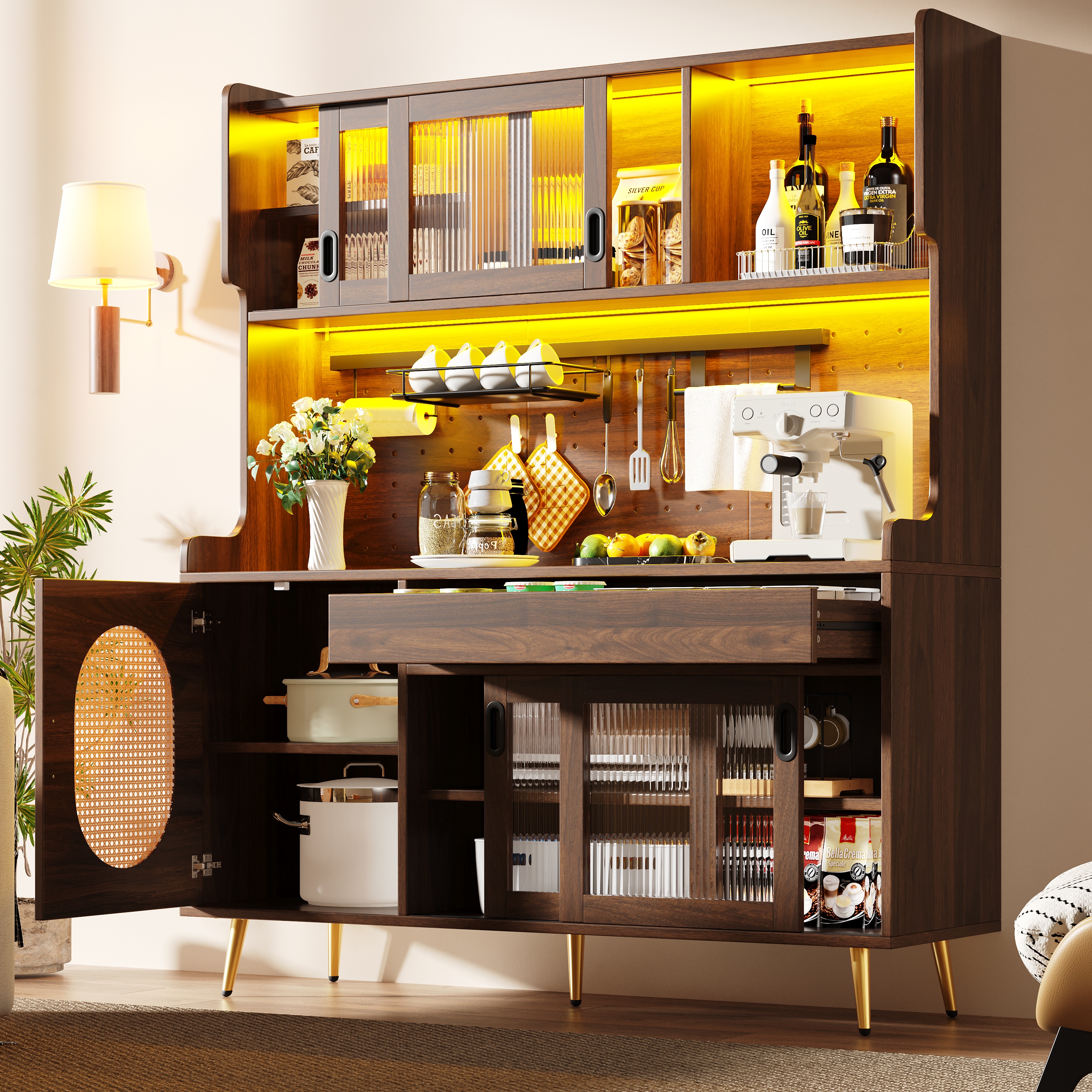 Sideboard  Storage Cabinet  Kitchen Cabinet  Buffet, 145x39x171cm, Country Style, 5 Doors, With LED Light Strip & Pegboard, Fluted Glass Doors, Brown Black