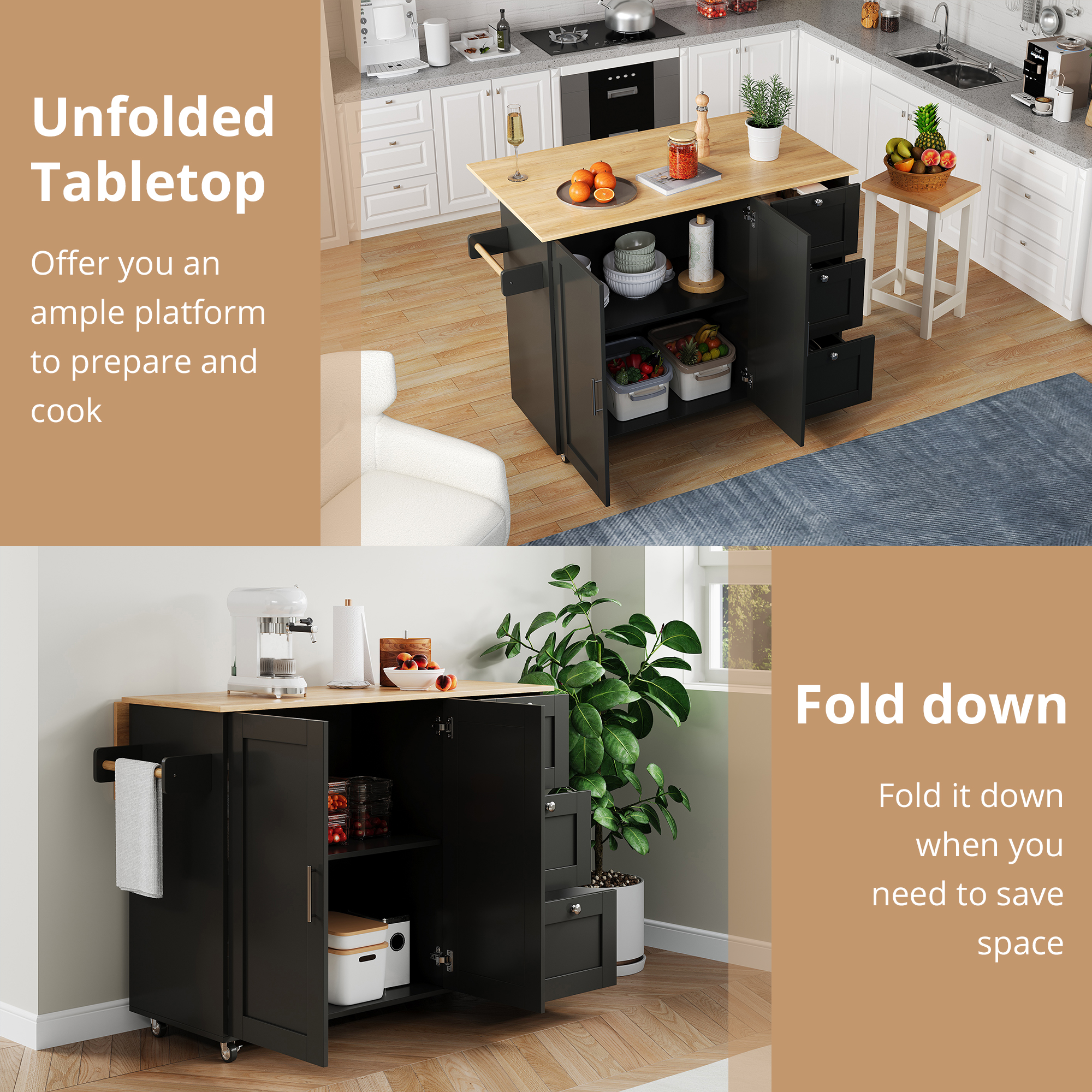 Kitchen Island On Wheels, Rolling Storage Trolley With Foldable Tabletop, 3 Drawers, 2 Doors, Lockable Swivel Wheels, Towel Rack  Versatile For Dining Room & Living Room, 135x44  70x90cm
