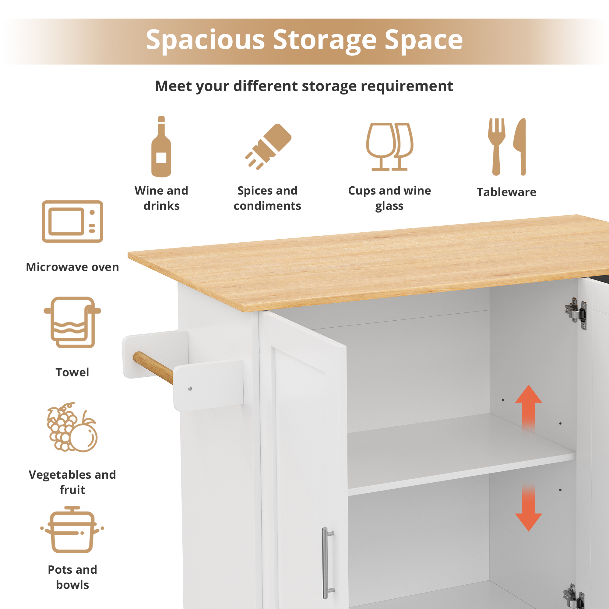 Kitchen Island On Wheels, Rolling Storage Trolley With Foldable Tabletop, 3 Drawers, 2 Doors, Lockable Swivel Wheels, Towel Rack  Versatile For Dining Room & Living Room, 135x44  70x90cm