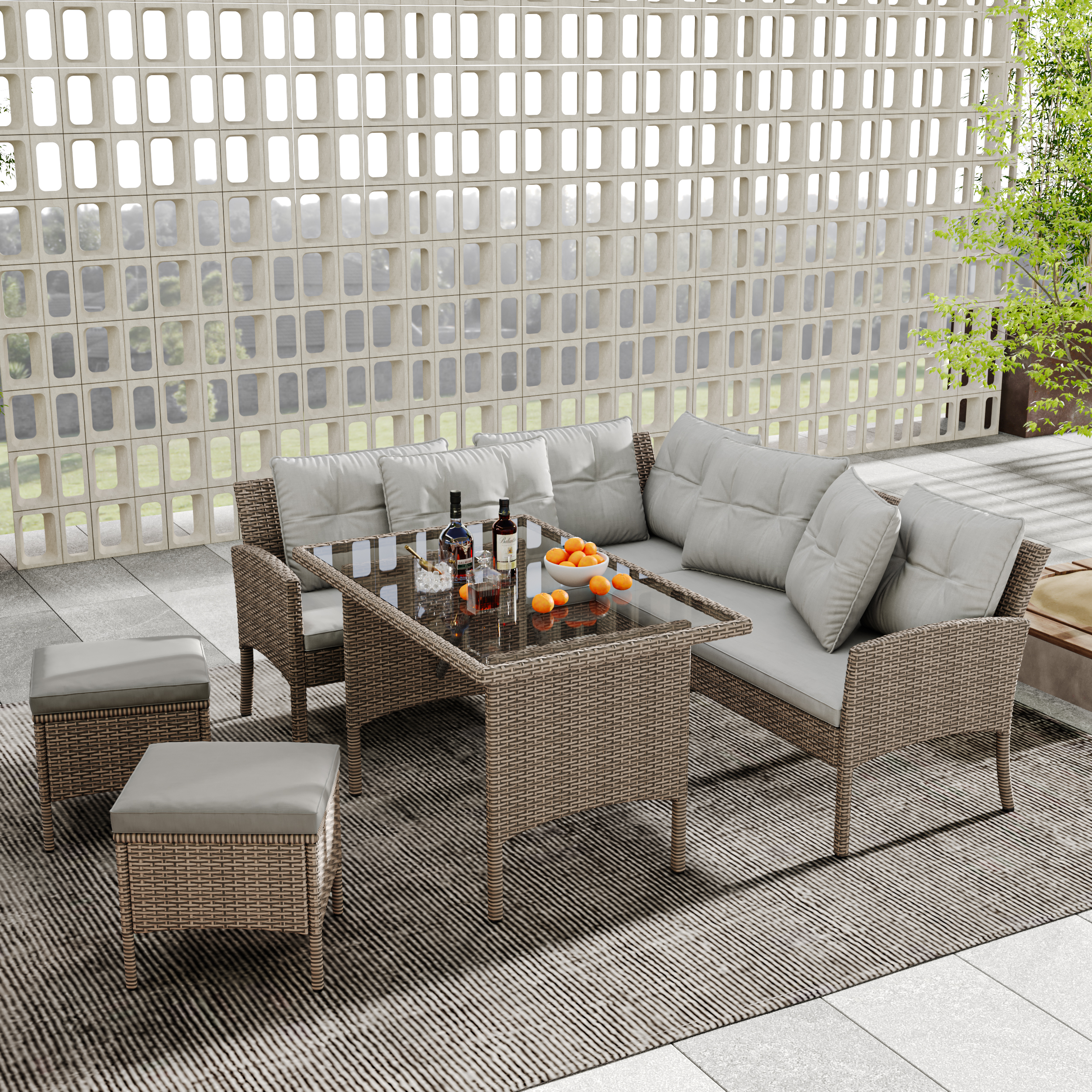 Garden Furniture Sets, Garden Sofa,Garden Corner Sofa Rattan Patio Set, 6-7 Seater Outdoor Patio Furniture,Lounge Corner Sofa Set With Table Stool, Mixed Khaki Wicker With Light Grey Cushions