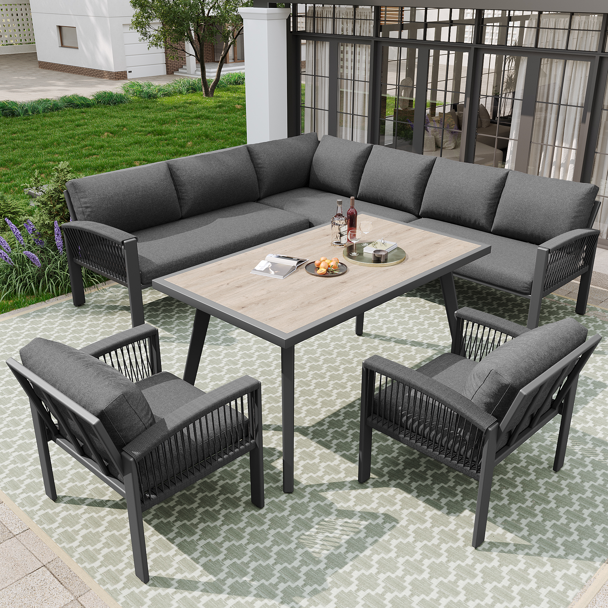 Garden Lounge Set, Furniture Set For 8 People, Ropework, Large Table With Wood Grain Finish, Galvanized Iron Frame, Adjustable Legs, All Seat And Back Cushions Included, Gray