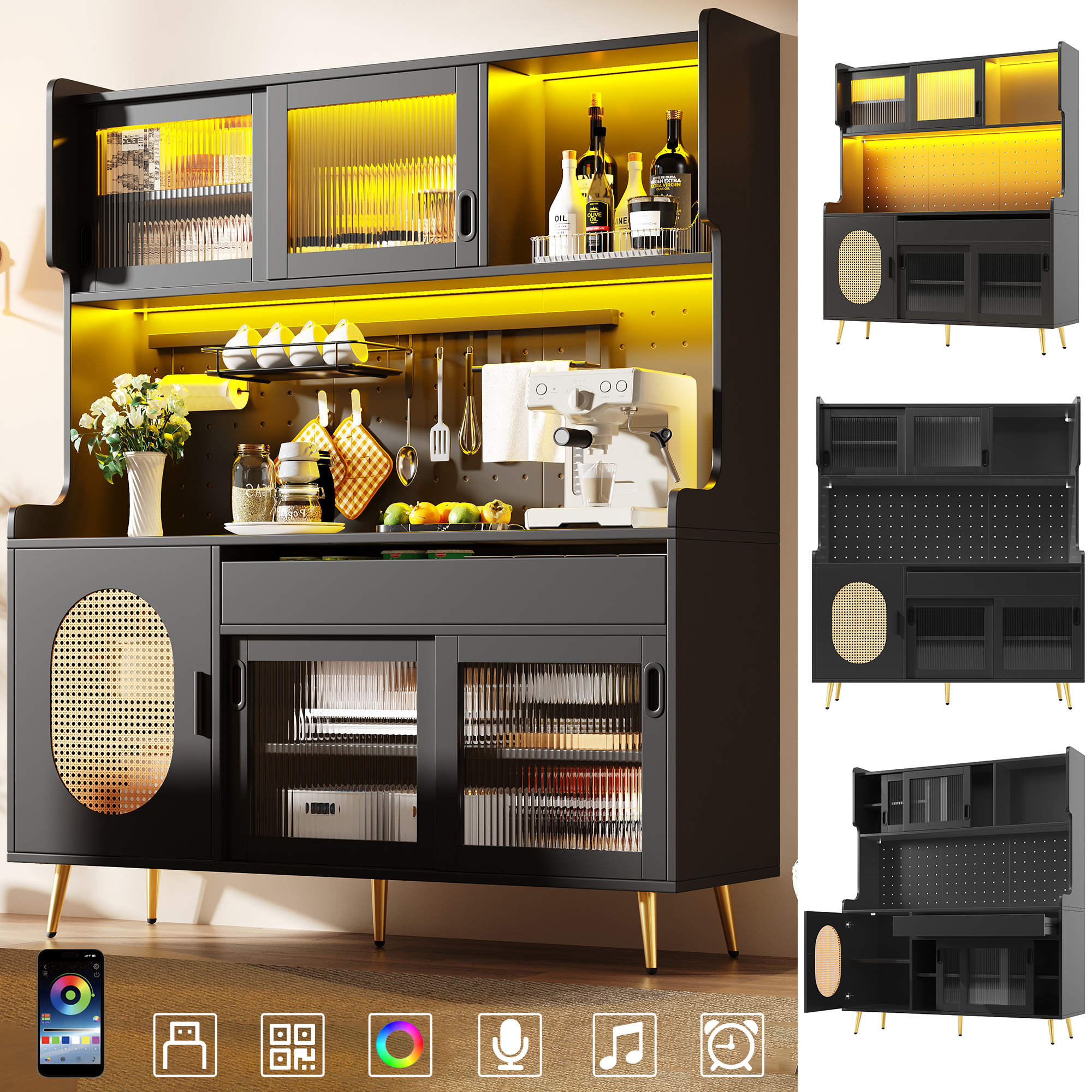 Sideboard  Storage Cabinet  Kitchen Cabinet  Buffet, 145x39x171cm, Country Style, 5 Doors, With LED Light Strip & Pegboard, Fluted Glass Doors, Brown Black