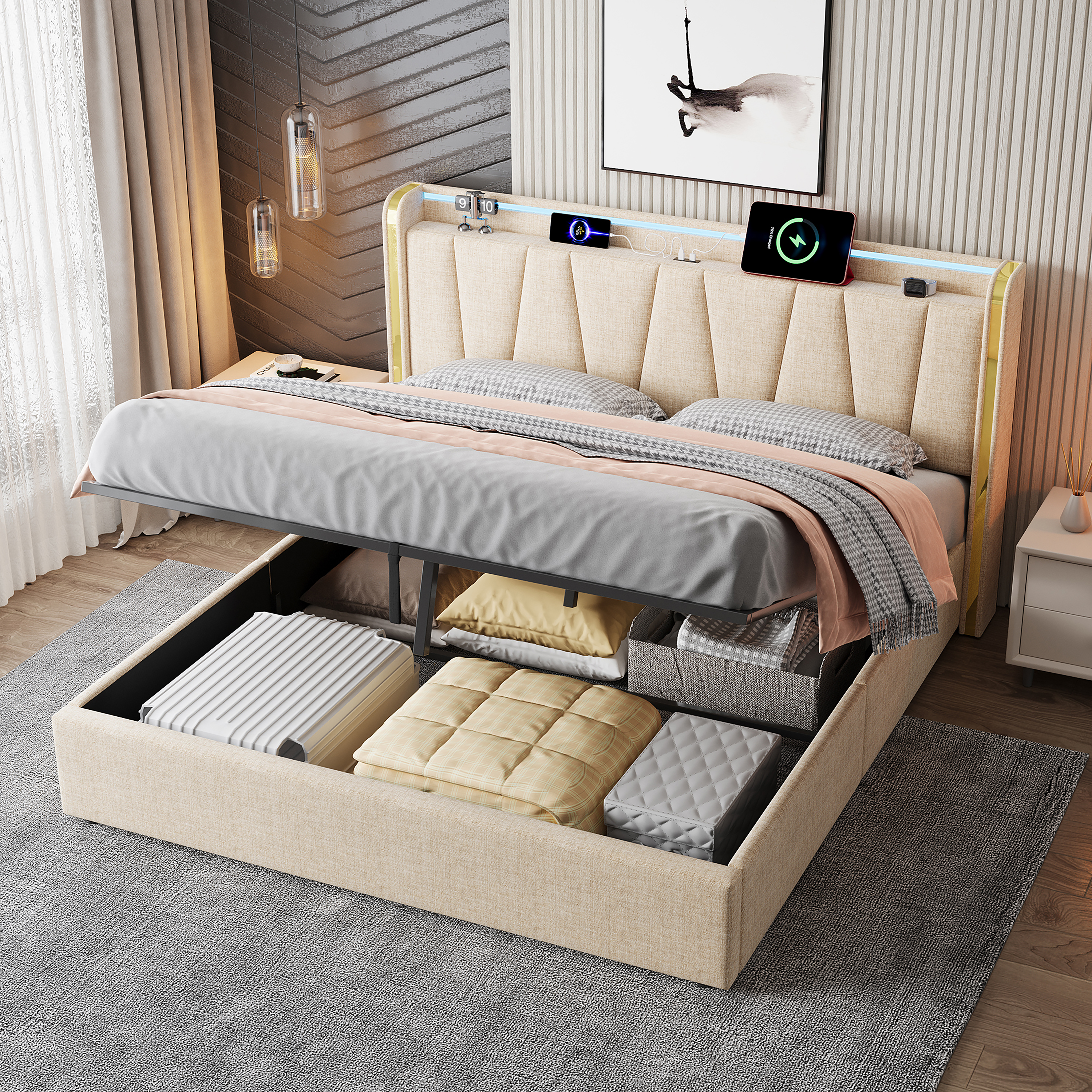 5ft King Upholstered Bed Frame With Hydraulic Storage, LED Headboard With Charging Station And Chrome Trim, USB And Type-C Ports, Linen, No Box Spring Needed, Beige No Mattress