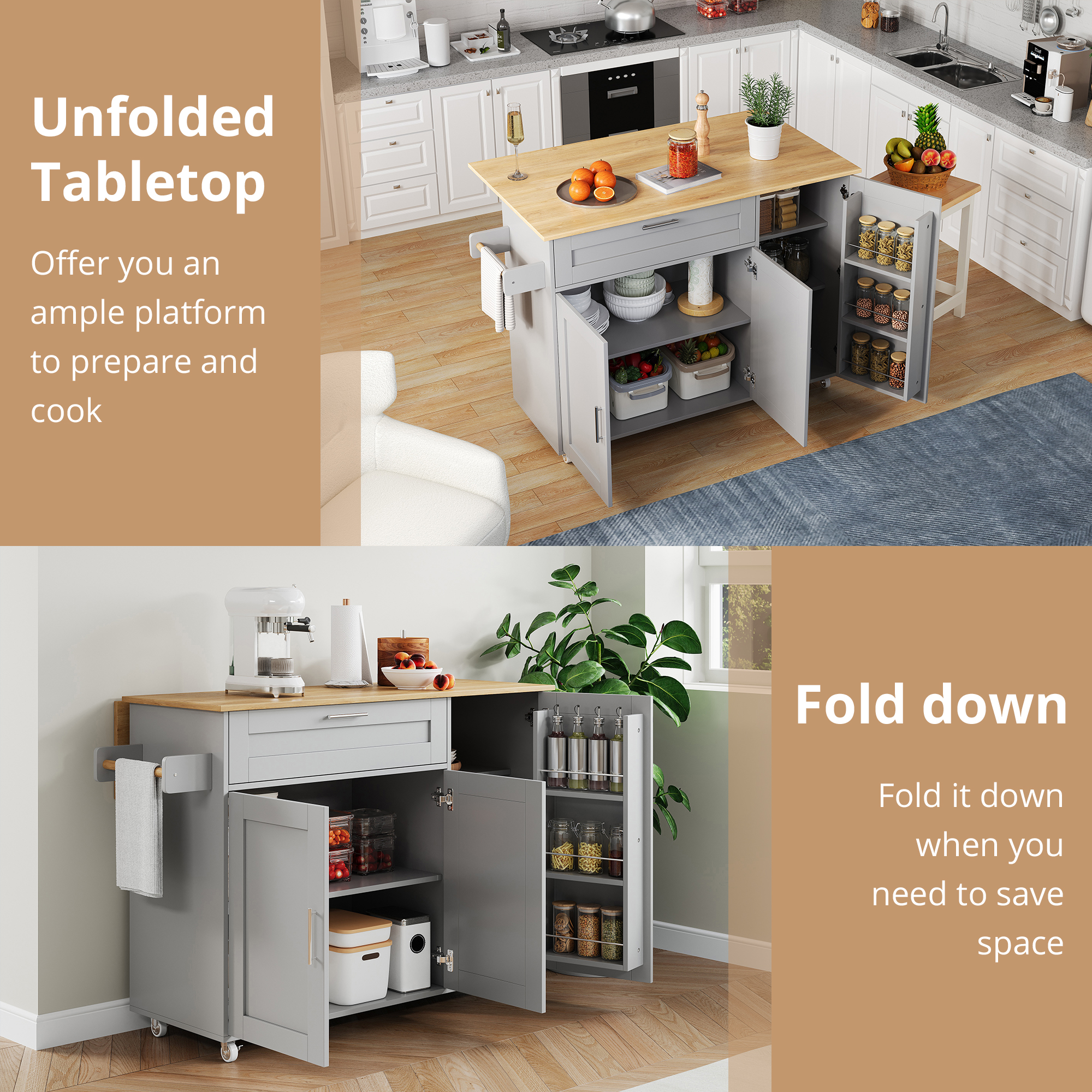 132.5x44  70x90cm Kitchen Island On Wheels, Rolling Storage Trolley With Foldable Tabletop, Multifunctional Cabinet, Spice Rack, Towel Holder, 5 Wheels, Suitable For Kitchen Dining House