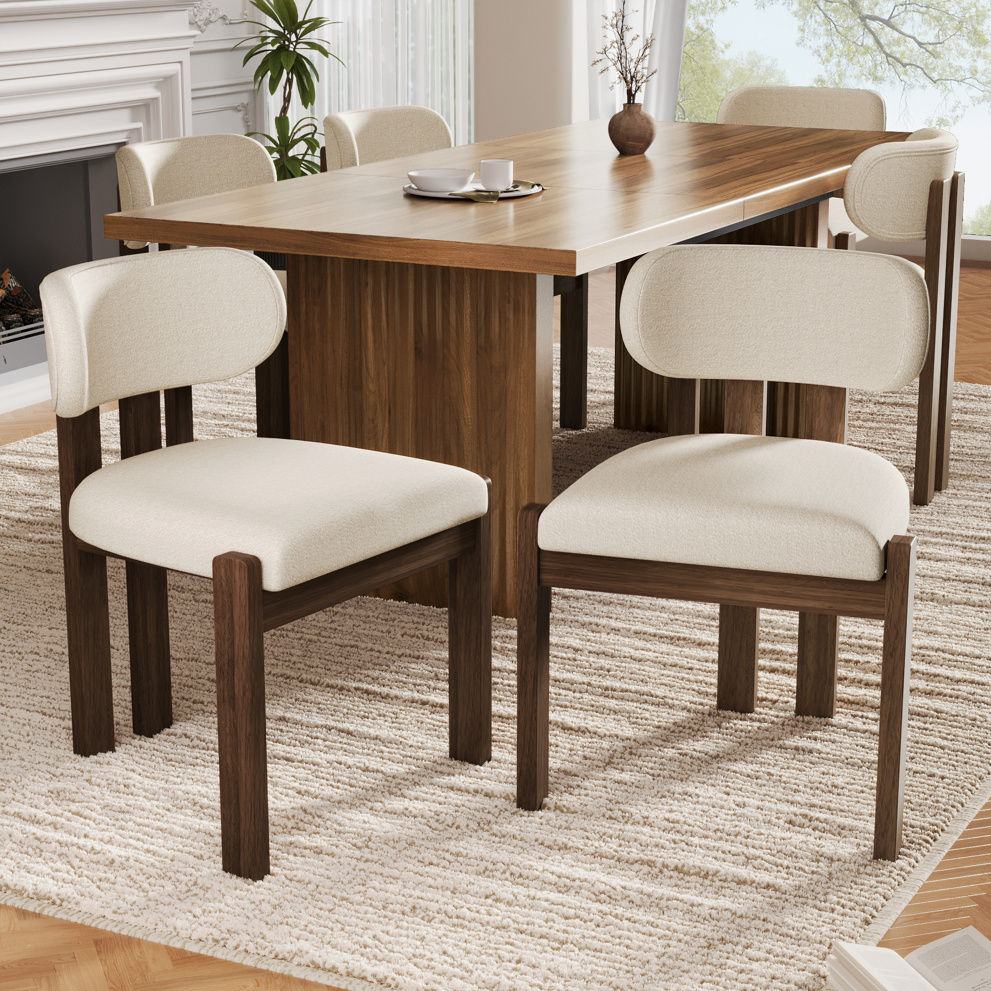 Set Of 6, Solid Wood Chairs, Dining Chairs, Suitable For Homes, Restaurants, Living Rooms, And Cafes, Boucle, Walnut Wood Color