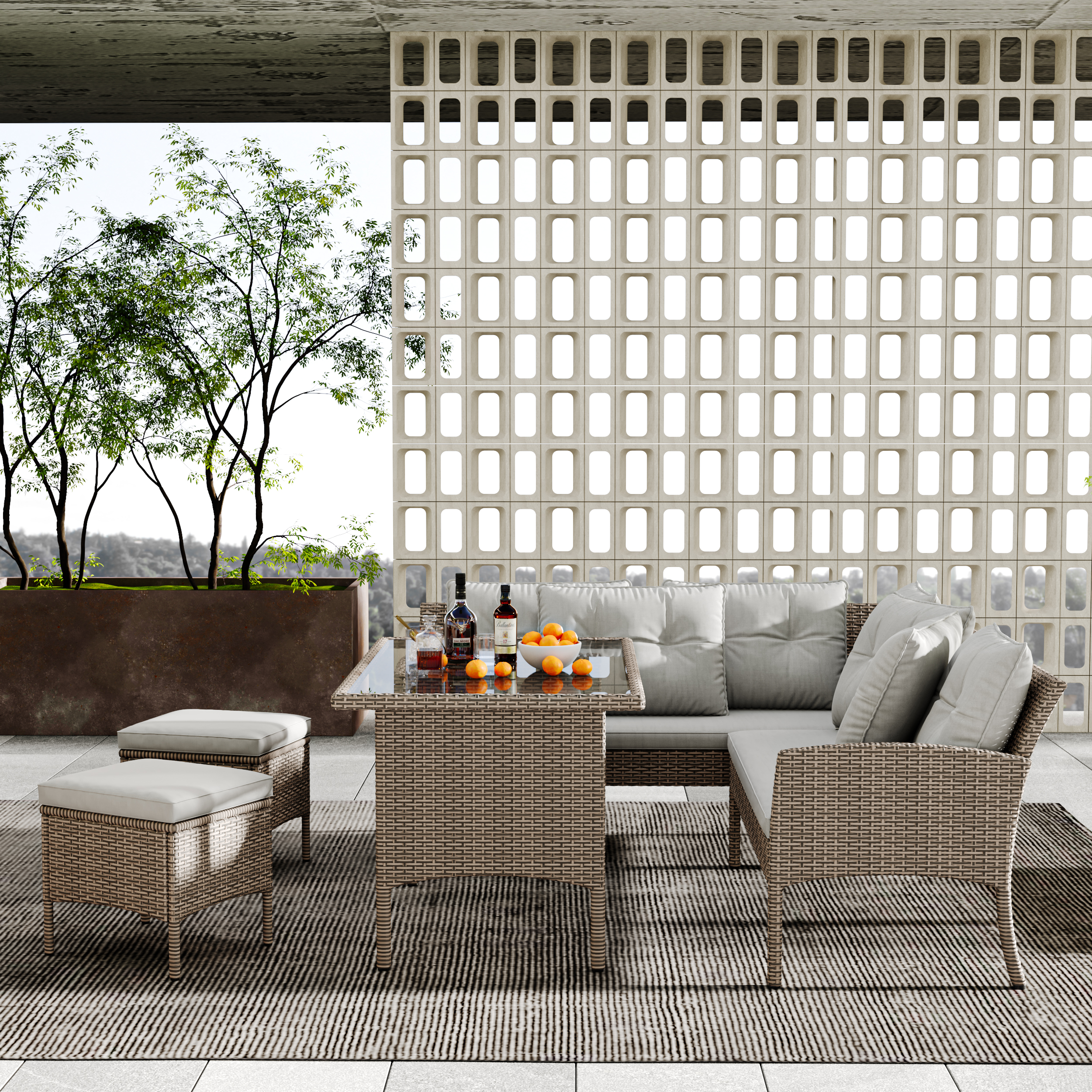 Garden Furniture Sets, Garden Sofa,Garden Corner Sofa Rattan Patio Set, 6-7 Seater Outdoor Patio Furniture,Lounge Corner Sofa Set With Table Stool, Mixed Khaki Wicker With Light Grey Cushions
