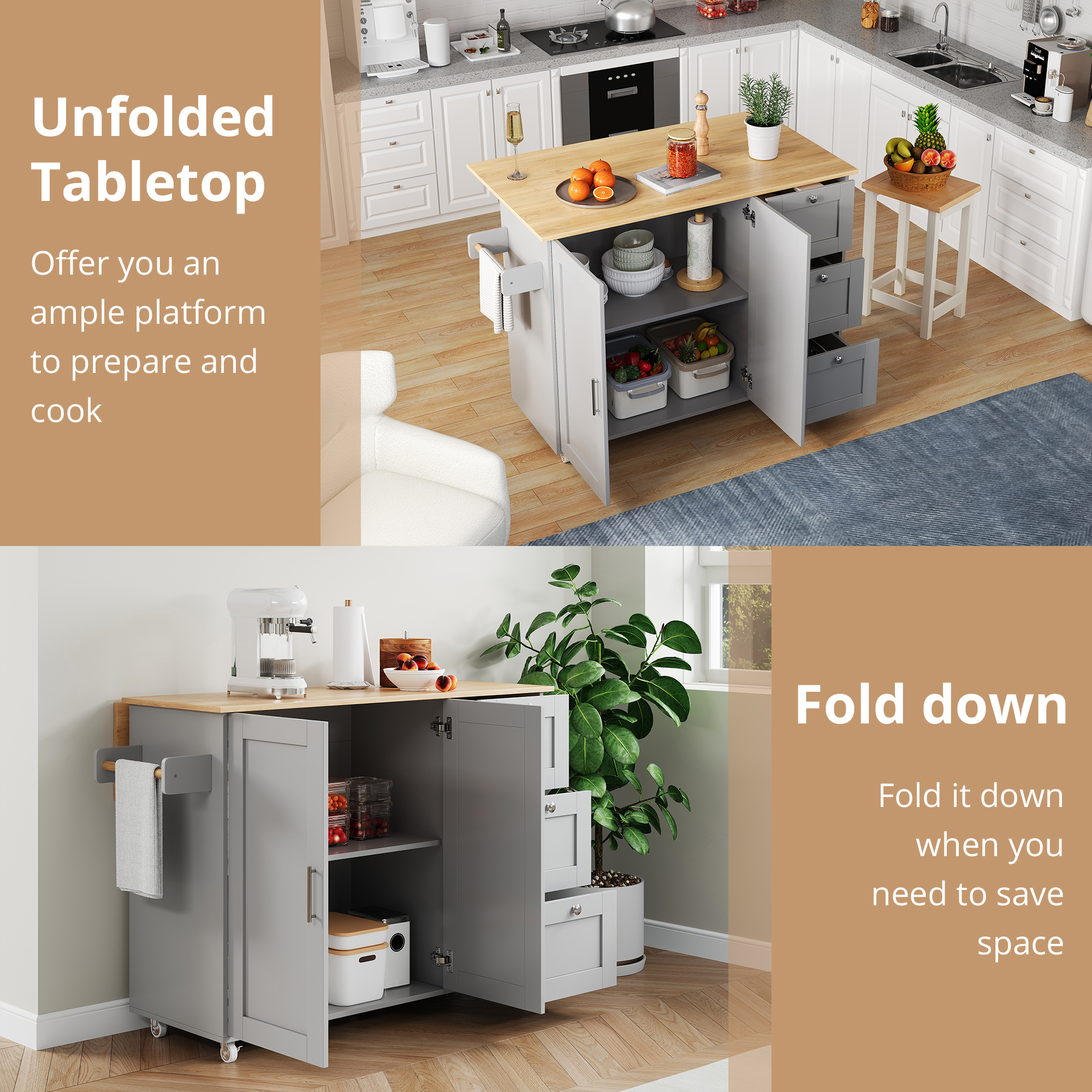 Kitchen Island On Wheels, Rolling Storage Trolley With Foldable Tabletop, 3 Drawers, 2 Doors, Lockable Swivel Wheels, Towel Rack  Versatile For Dining Room & Living Room, 135x44  70x90cm