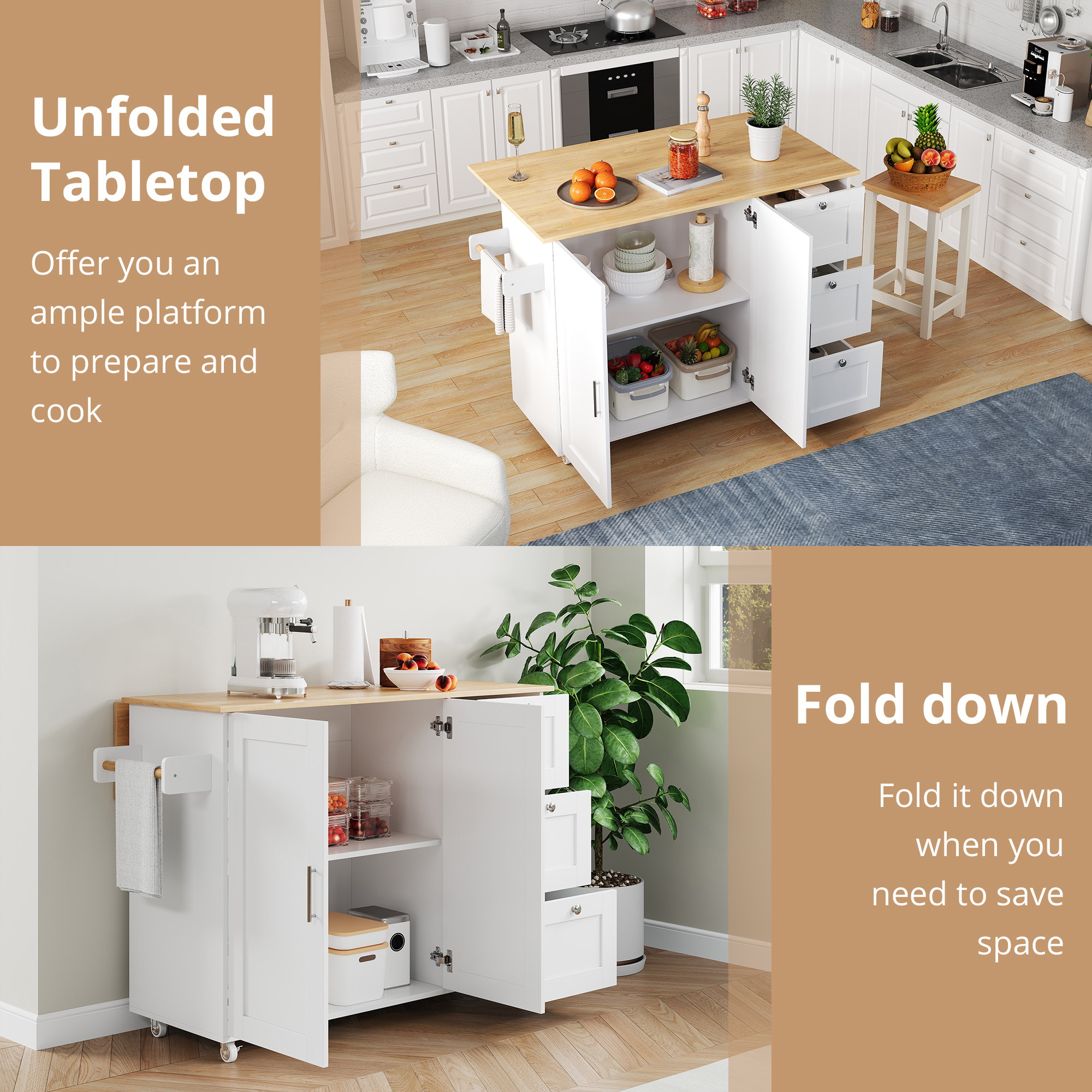 Kitchen Island On Wheels, Rolling Storage Trolley With Foldable Tabletop, 3 Drawers, 2 Doors, Lockable Swivel Wheels, Towel Rack  Versatile For Dining Room & Living Room, 135x44  70x90cm