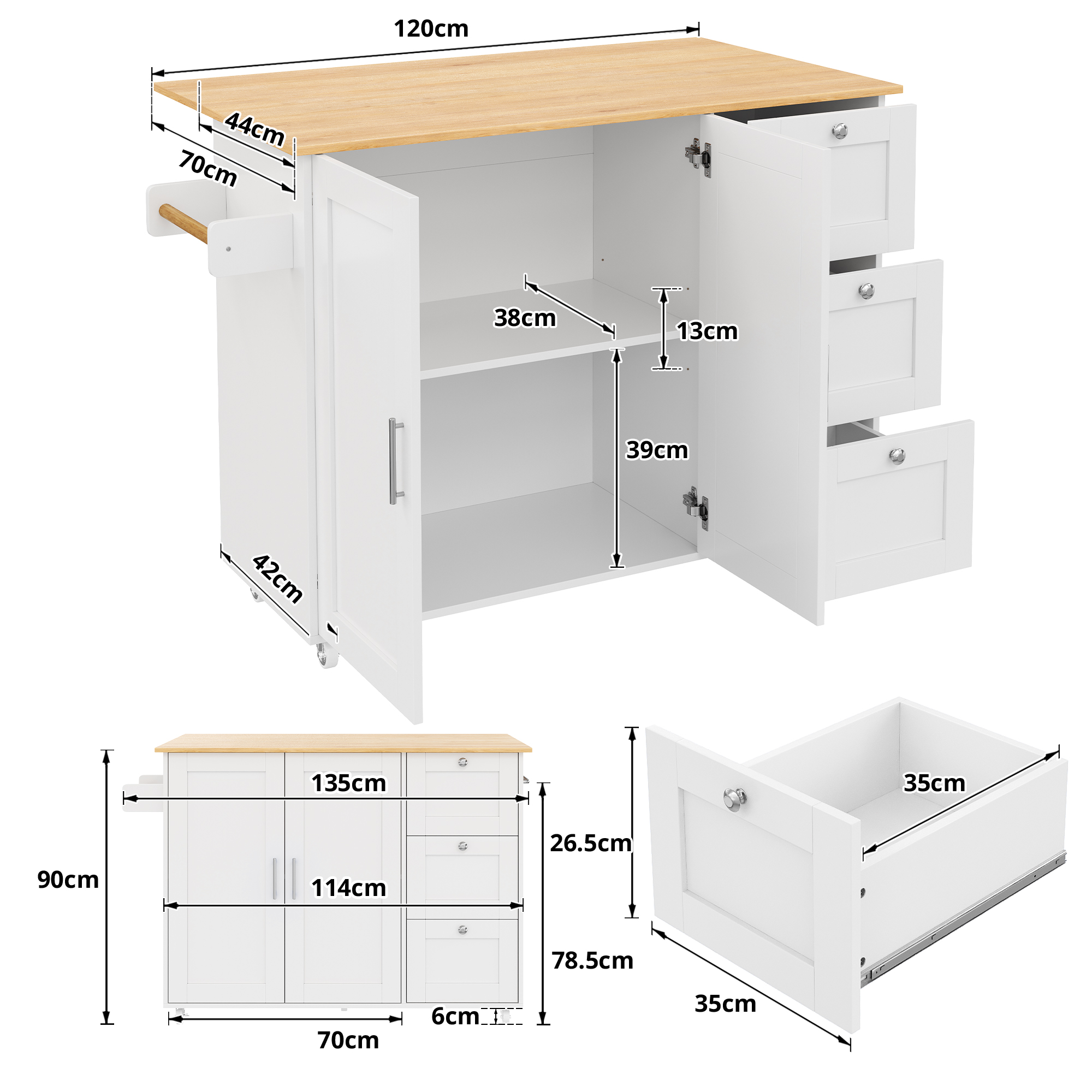 Kitchen Island On Wheels, Rolling Storage Trolley With Foldable Tabletop, 3 Drawers, 2 Doors, Lockable Swivel Wheels, Towel Rack  Versatile For Dining Room & Living Room, 135x44  70x90cm