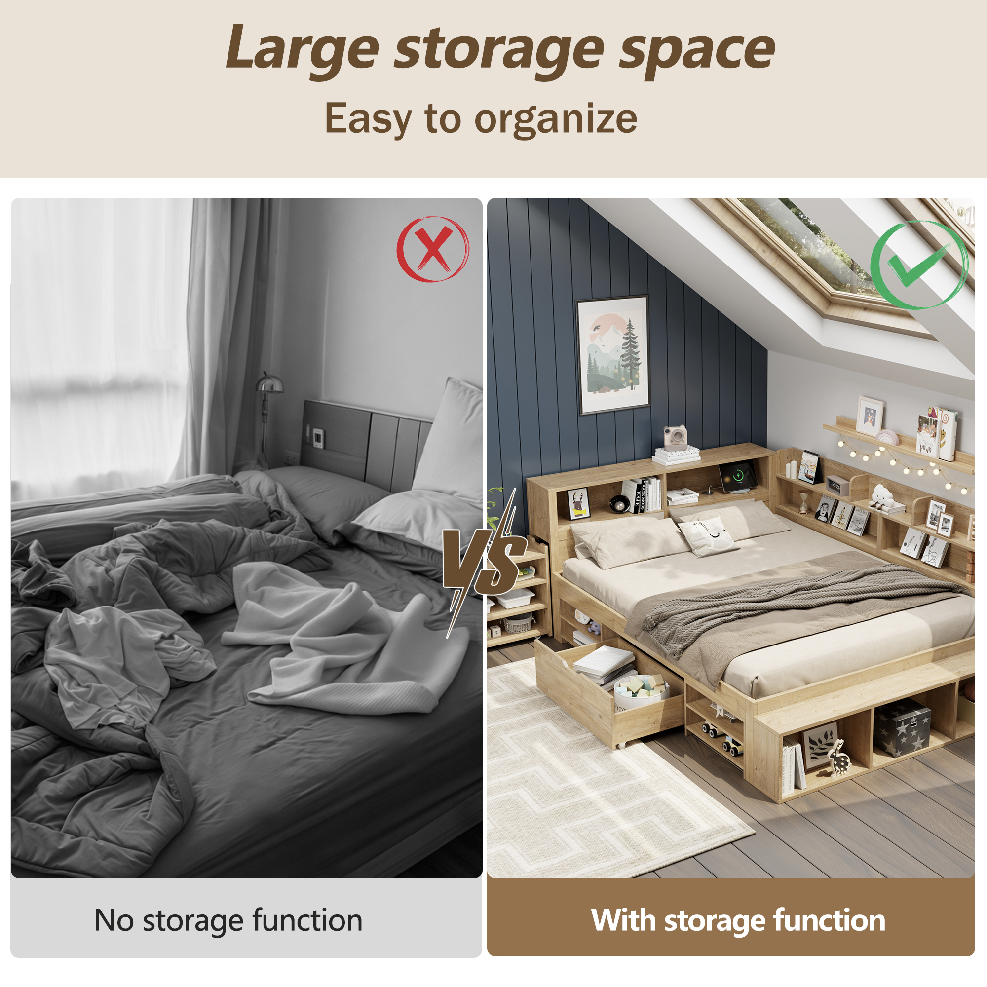 Childrens Bed, Single Bed-3ft 90x190cm, Single Bed, Multifunctional Children's Bed With Drawers, Bookcase And Storage Cupboard, Large Storage Space, Slatted Frame, Without Mattress, Natural Color