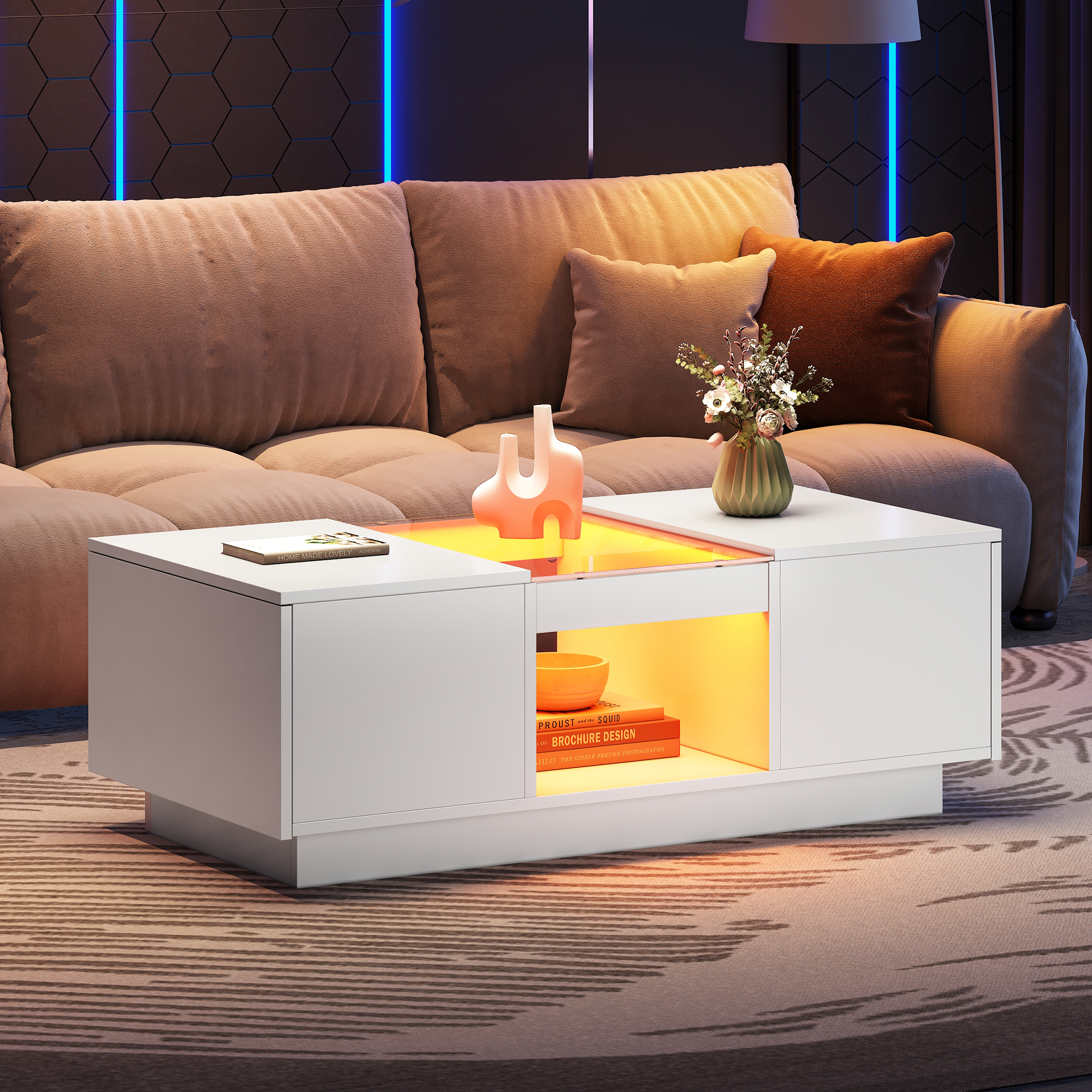 LED Coffee Table For Living Room, Modern Coffee Table With Storage With LED Lights, 2 Tiers And 2 Drawers, Large Living Room Center Tables White