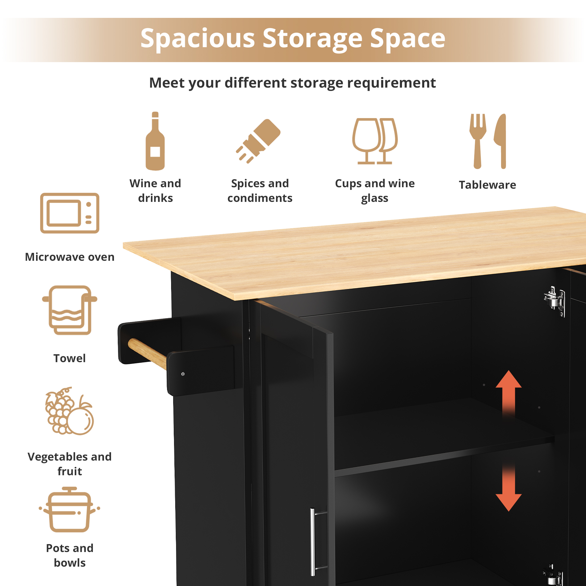 Kitchen Island On Wheels, Rolling Storage Trolley With Foldable Tabletop, 3 Drawers, 2 Doors, Lockable Swivel Wheels, Towel Rack  Versatile For Dining Room & Living Room, 135x44  70x90cm