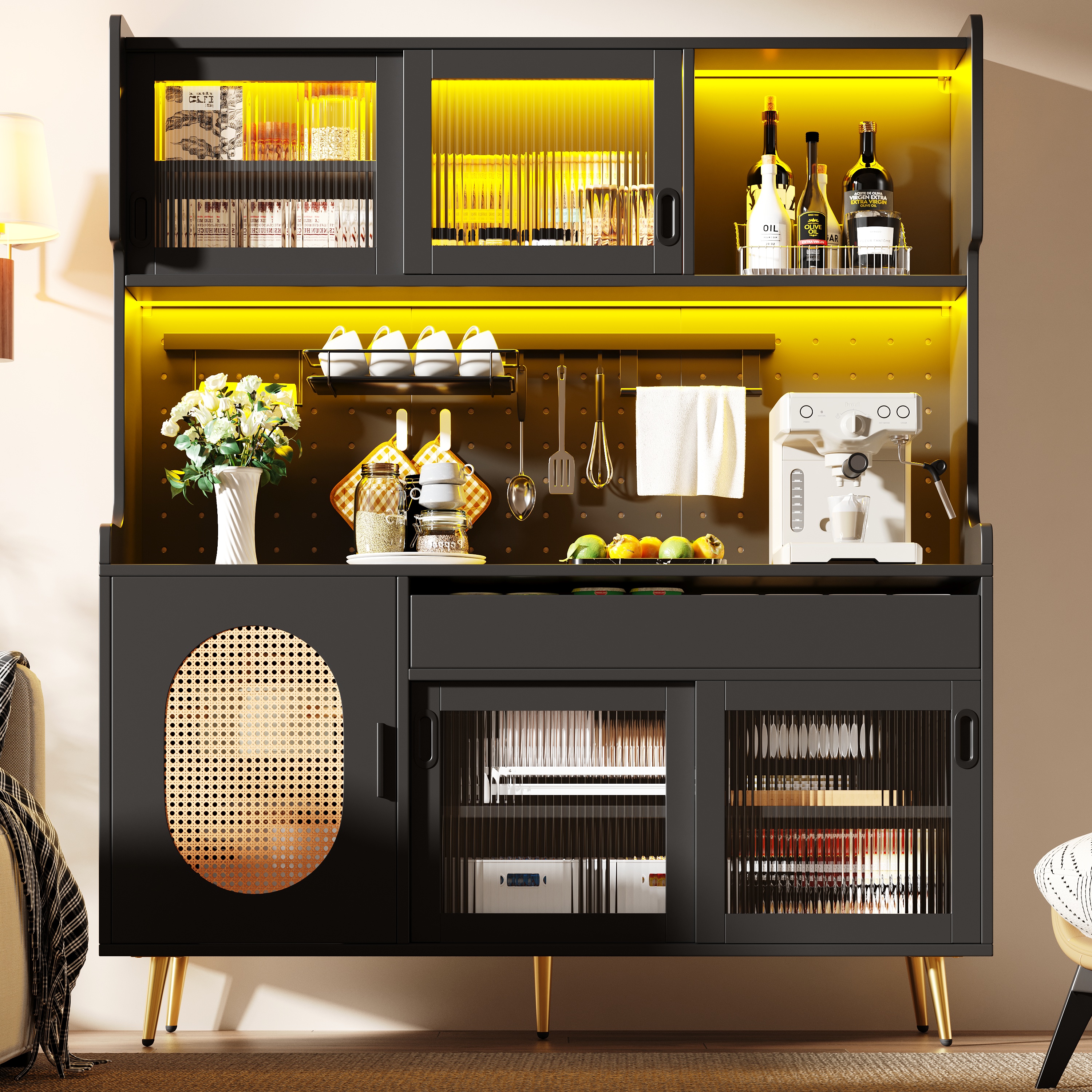 Sideboard  Storage Cabinet  Kitchen Cabinet  Buffet, 145x39x171cm, Country Style, 5 Doors, With LED Light Strip & Pegboard, Fluted Glass Doors, Brown Black