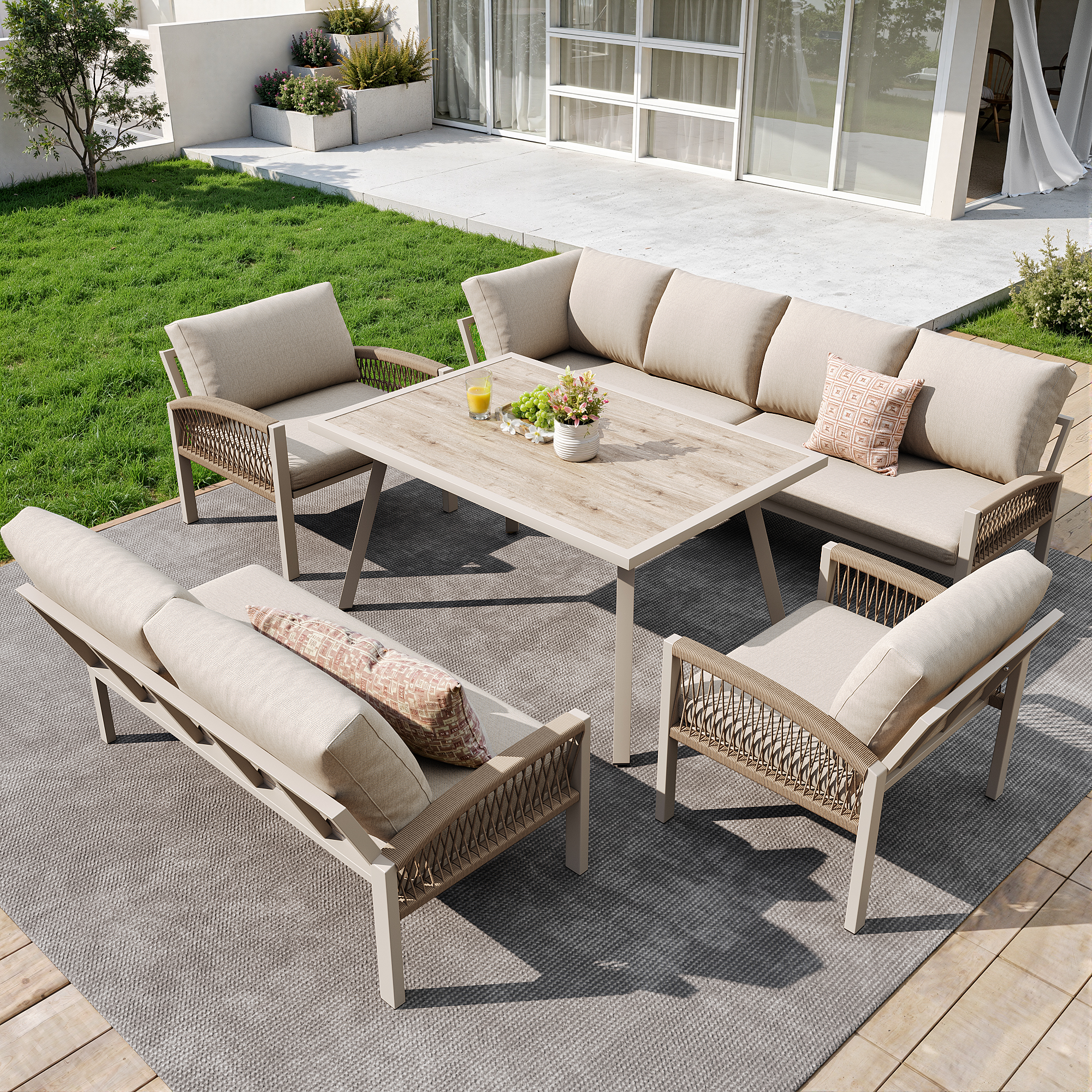 Garden Lounge Set, Furniture Set For 8 People, Ropework, Large Table With Wood Grain Finish, Galvanized Iron Frame, Adjustable Legs, All Seat And Back Cushions Included, Beige