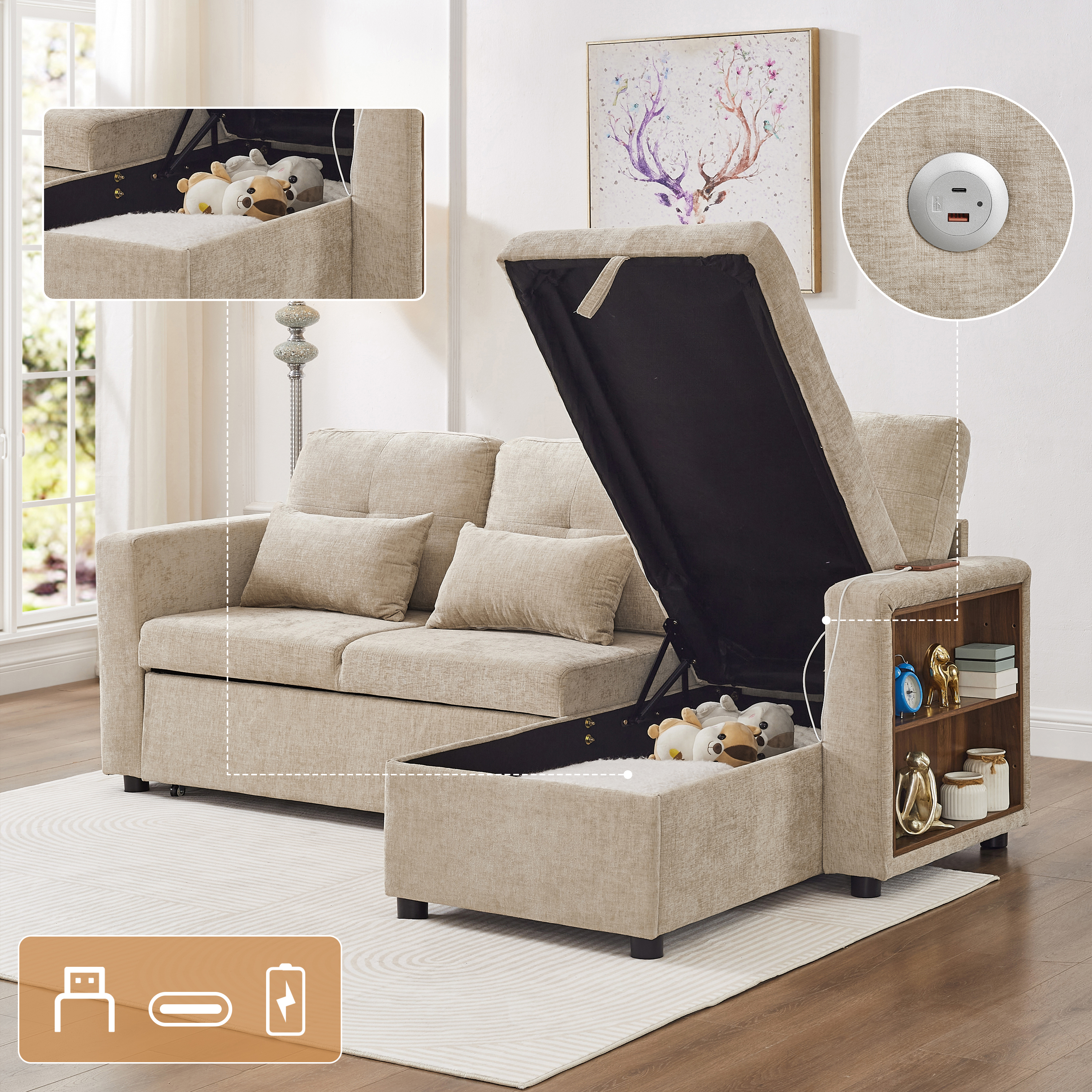 3-in-1 Convertible Chenille Sectional Sofa Bed With Reversible Storage Chaise, L-Shaped Sleeper Sofa With Integrated Charging Station And Adjustable Armrest Side Storage, USB & Type-C Ports, Beige