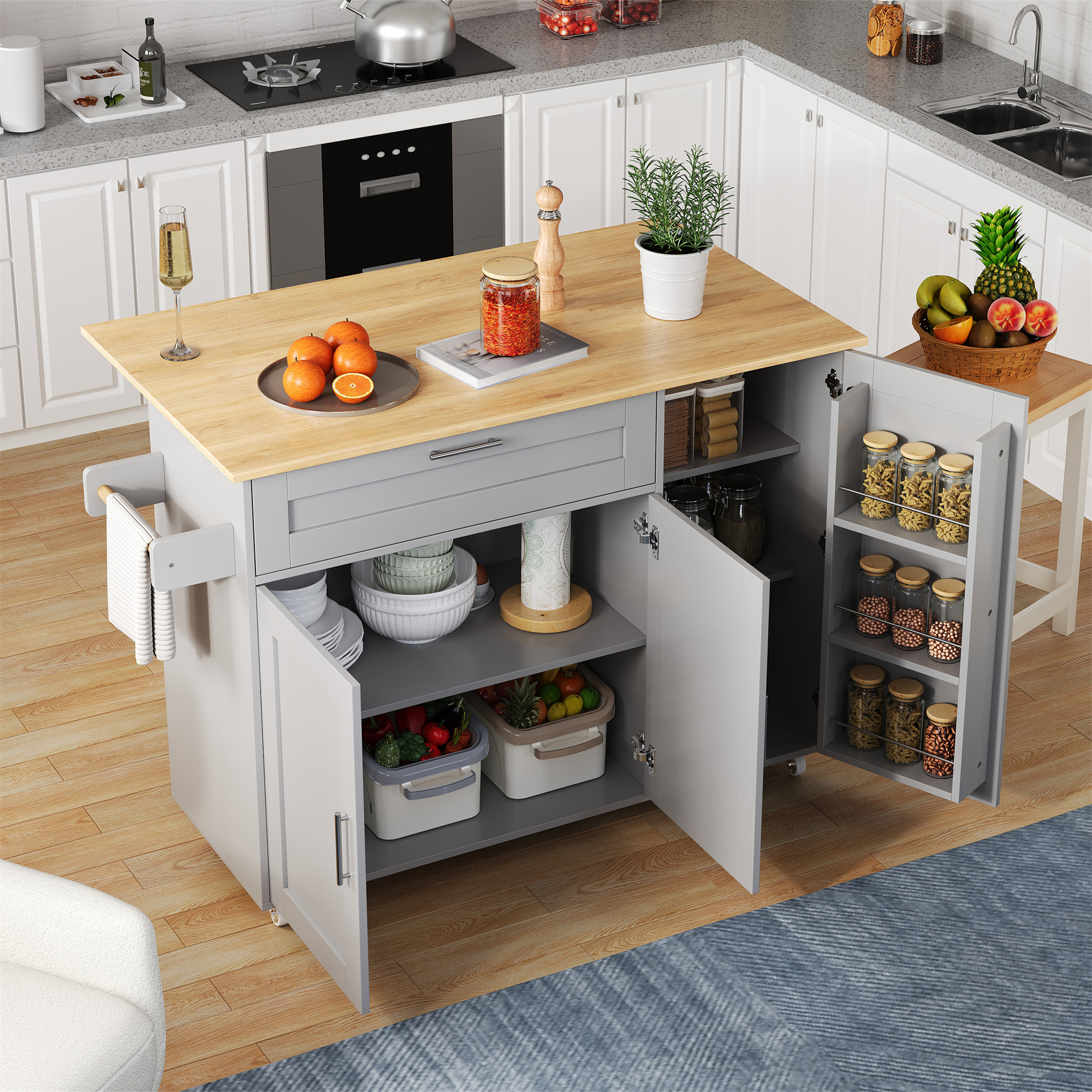 132.5x44  70x90cm Kitchen Island On Wheels, Rolling Storage Trolley With Foldable Tabletop, Multifunctional Cabinet, Spice Rack, Towel Holder, 5 Wheels, Suitable For Kitchen Dining House