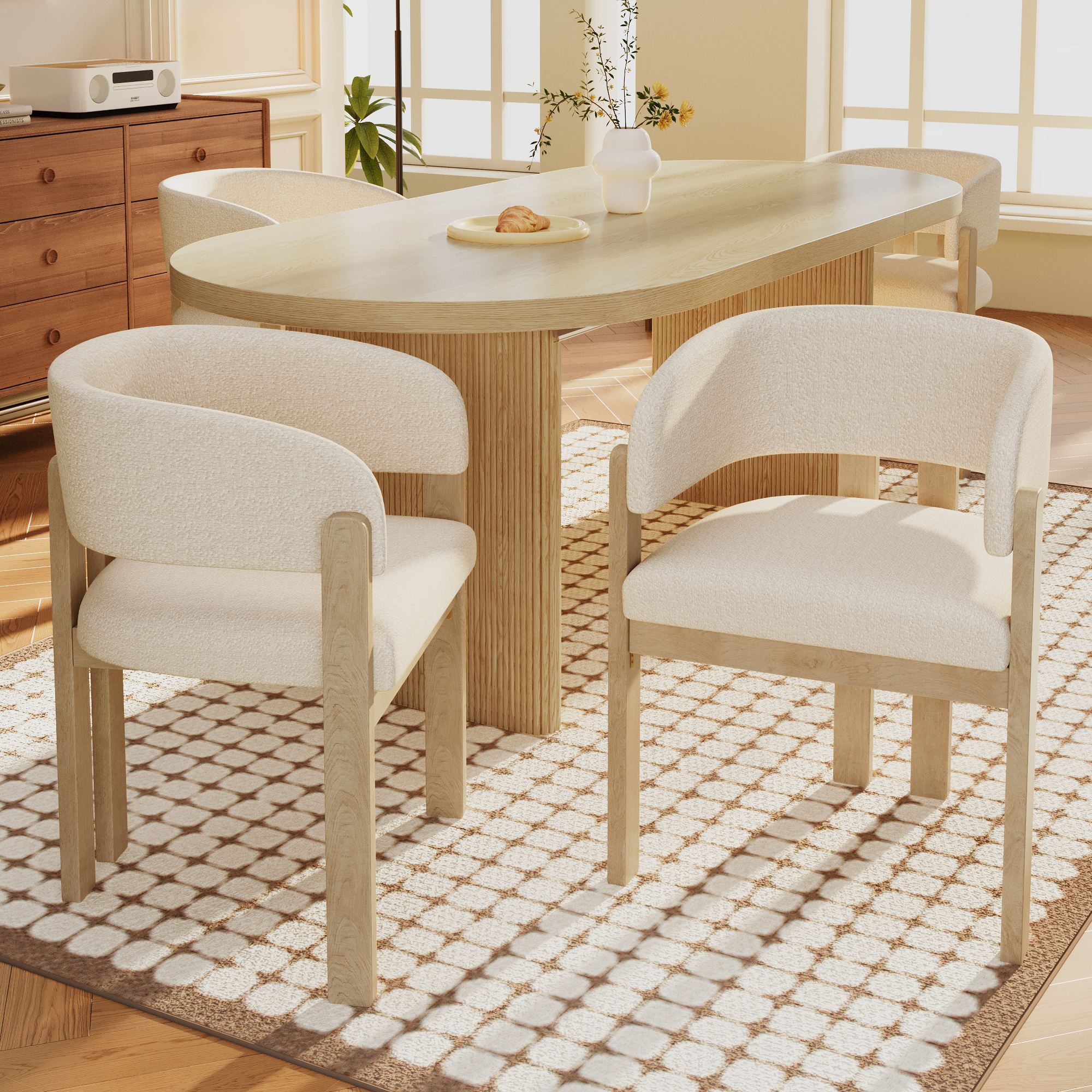 Set Of 4, Solid Wood Chairs, Dining Chairs, Suitable For Homes, Restaurants, Living Rooms, And Cafes, Boucle, Natural Color