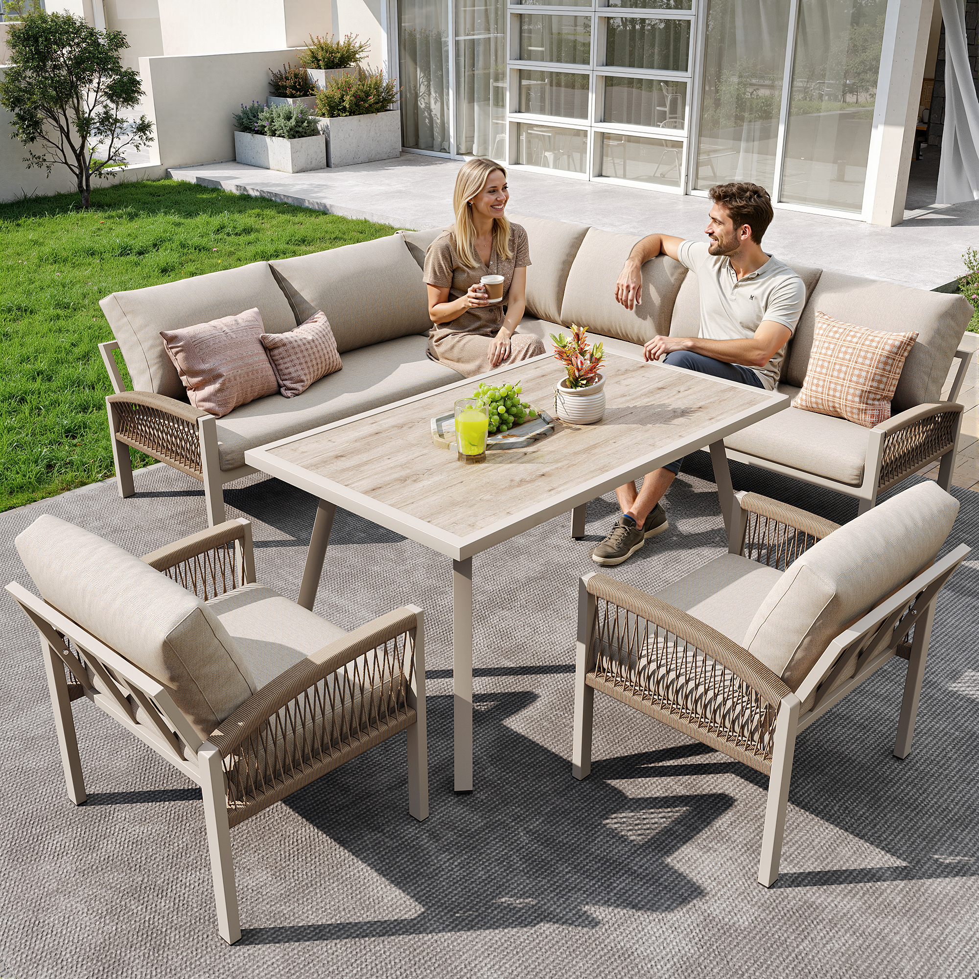 Garden Lounge Set, Furniture Set For 8 People, Ropework, Large Table With Wood Grain Finish, Galvanized Iron Frame, Adjustable Legs, All Seat And Back Cushions Included, Beige