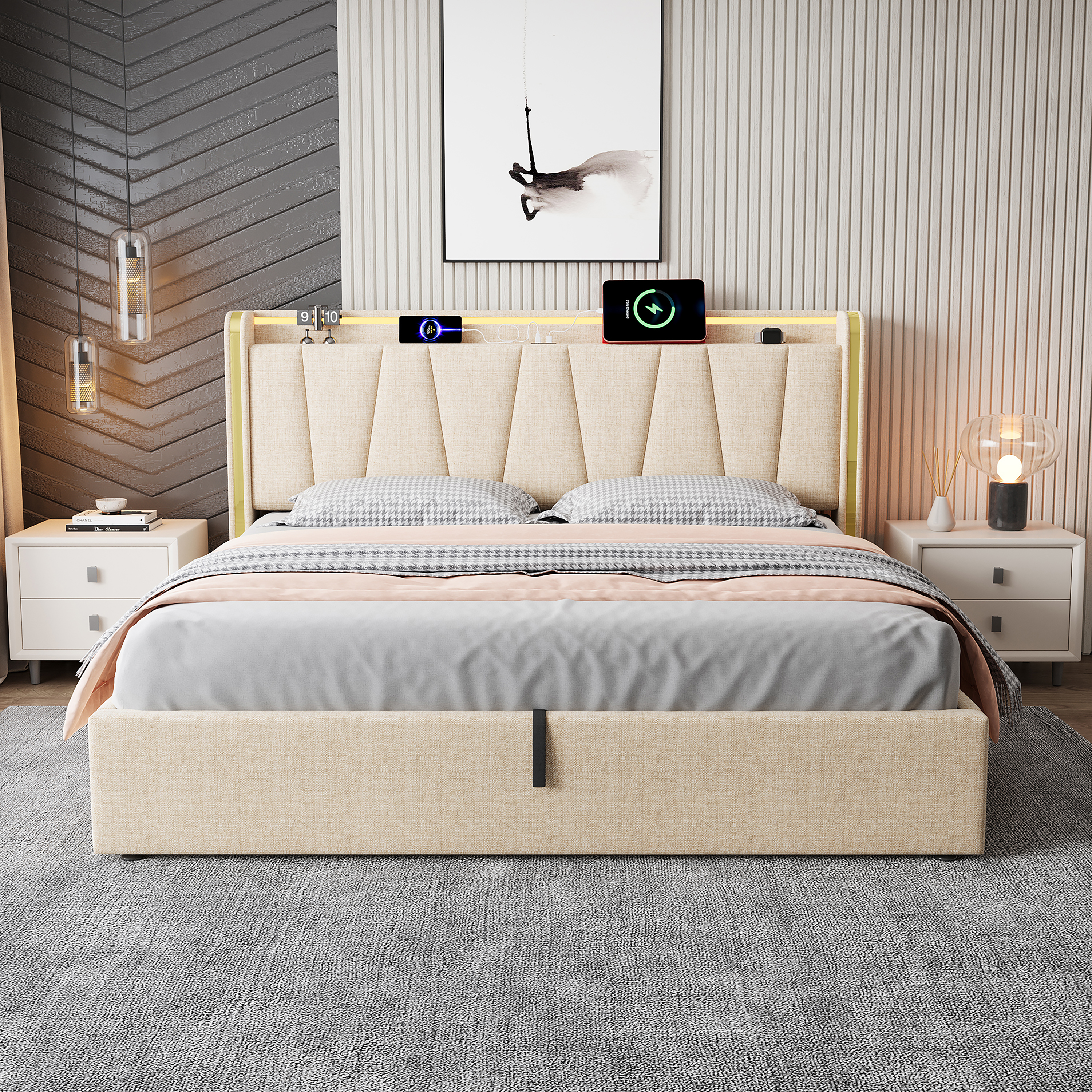 5ft King Upholstered Bed Frame With Hydraulic Storage, LED Headboard With Charging Station And Chrome Trim, USB And Type-C Ports, Linen, No Box Spring Needed, Beige No Mattress