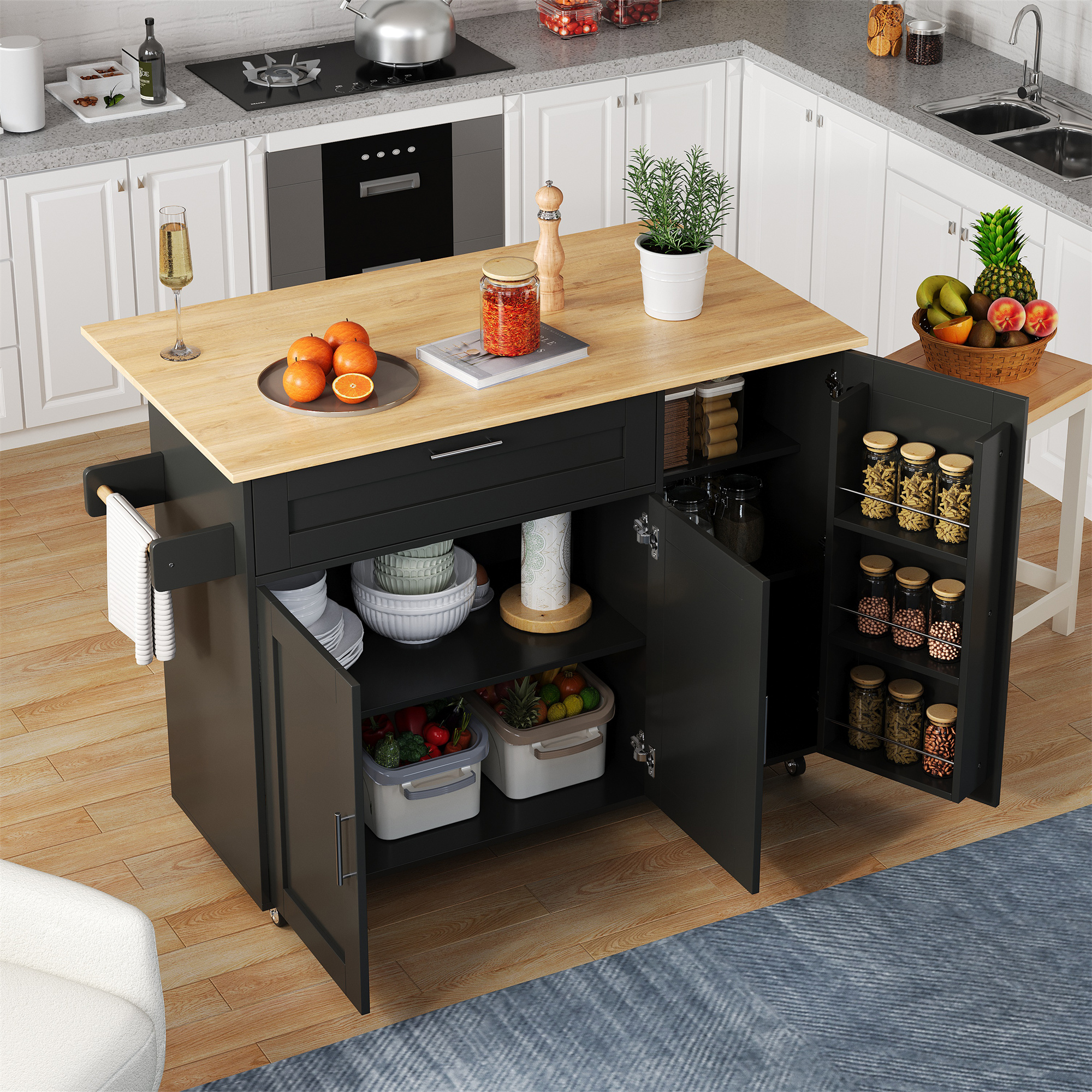 132.5x44   70x90cm Kitchen Island On Wheels, Rolling Storage Trolley With Foldable Tabletop, Multifunctional Cabinet, Spice Rack, Towel Holder, 5 Wheels, Suitable For Kitchen  Dining House