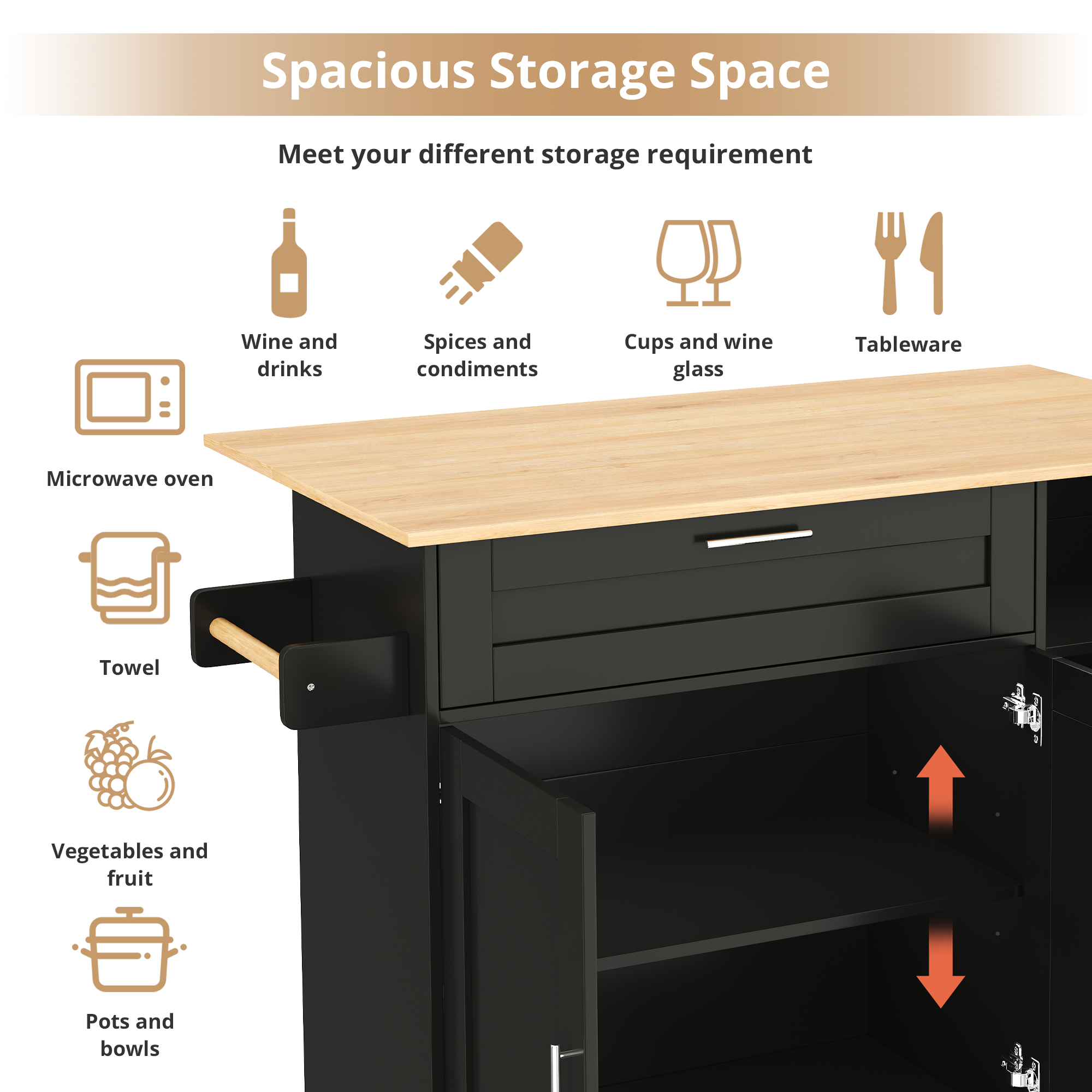 132.5x44   70x90cm Kitchen Island On Wheels, Rolling Storage Trolley With Foldable Tabletop, Multifunctional Cabinet, Spice Rack, Towel Holder, 5 Wheels, Suitable For Kitchen  Dining House