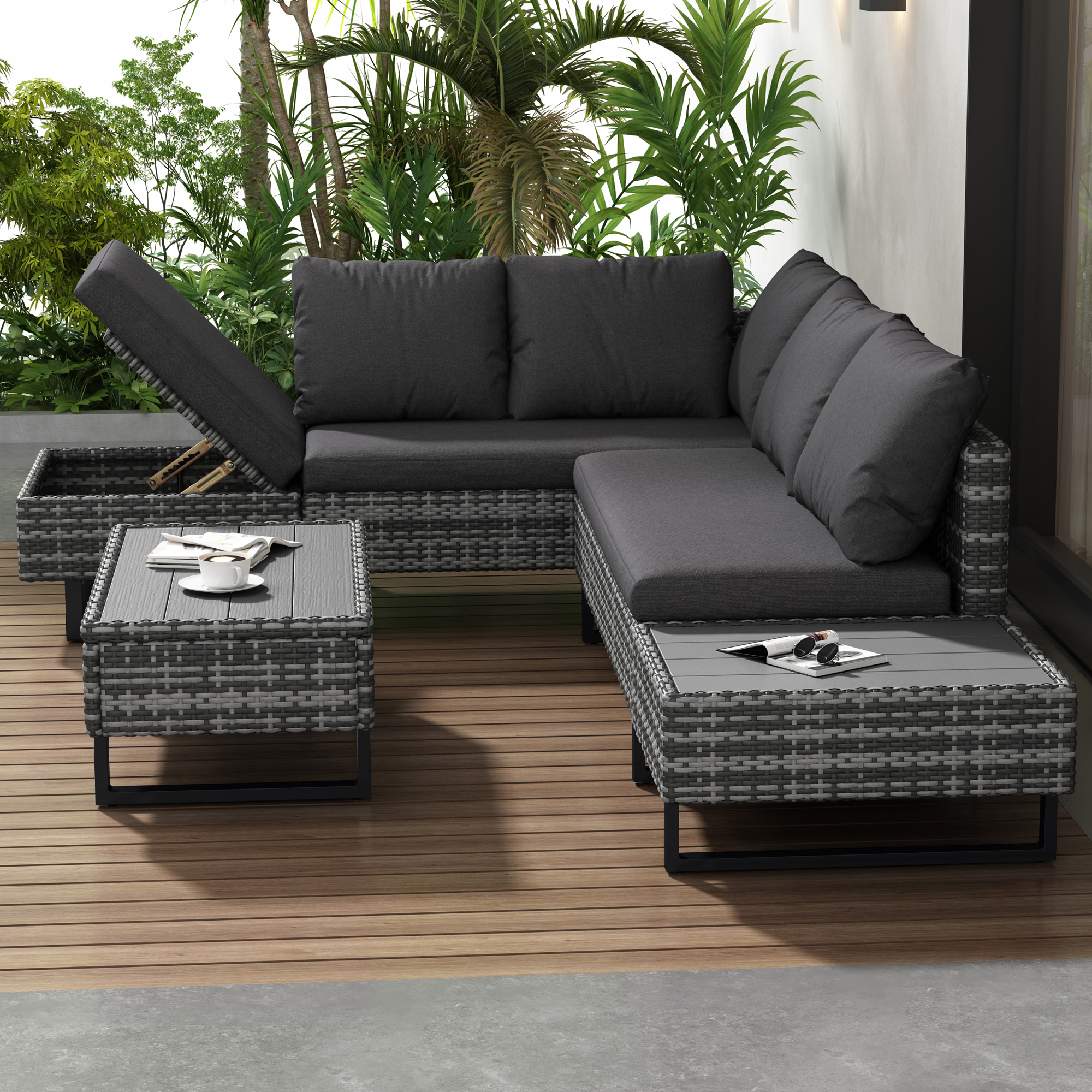 Poly Rattan Set, Garden Set, Seating Group, Sofa Lounge, Garden Lounge For 4-5 People,Lounge With Corner Sofa, Table & Cushions, Removable And Washable Fabric Cover, Grey