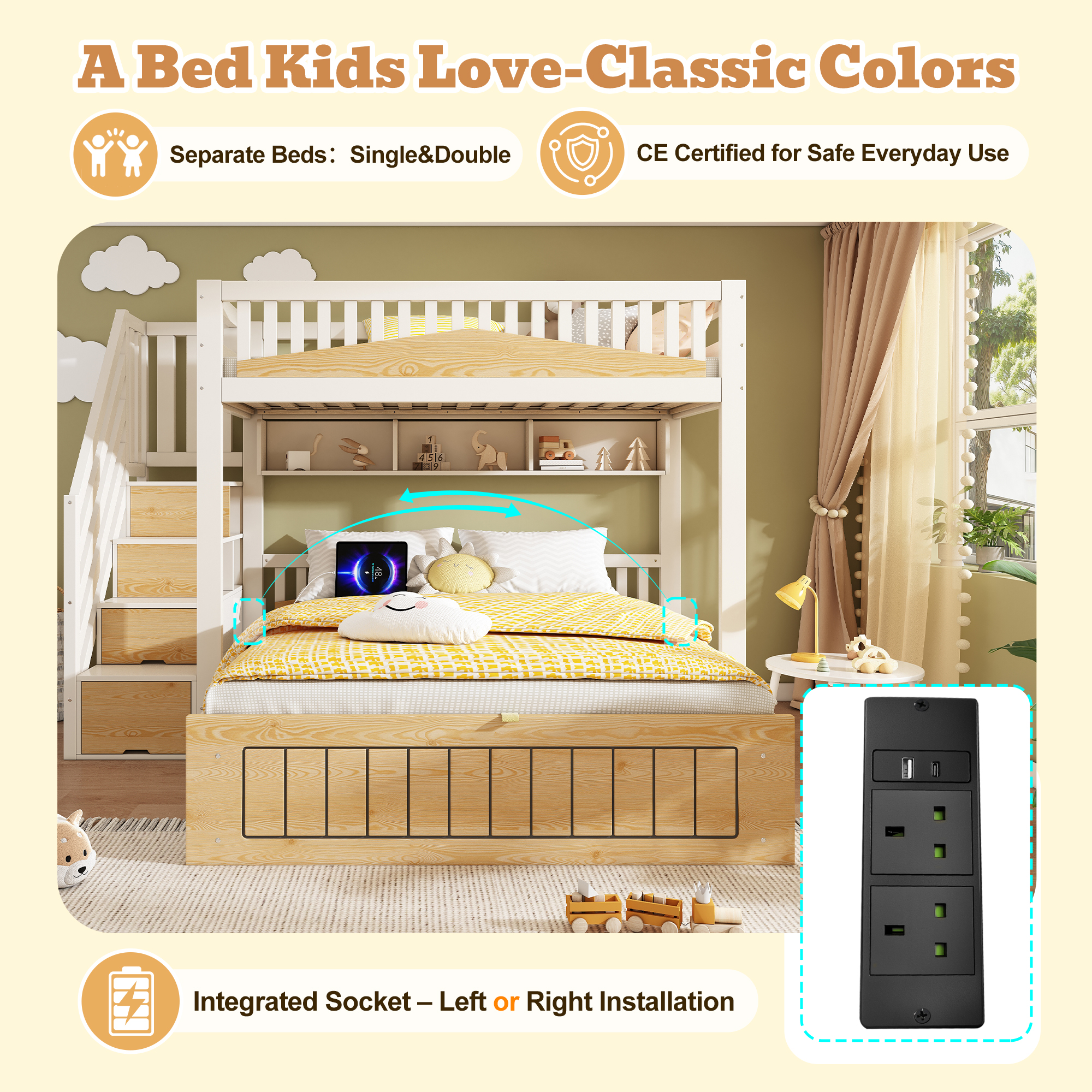 Offset Bunk Beds For Kids, Staircase Bunk With Hydraulic Storage & USB Charging, Children's Bed Double Bed For Family With Multiple Children, 90  135 X 190 Cm, White & Natural