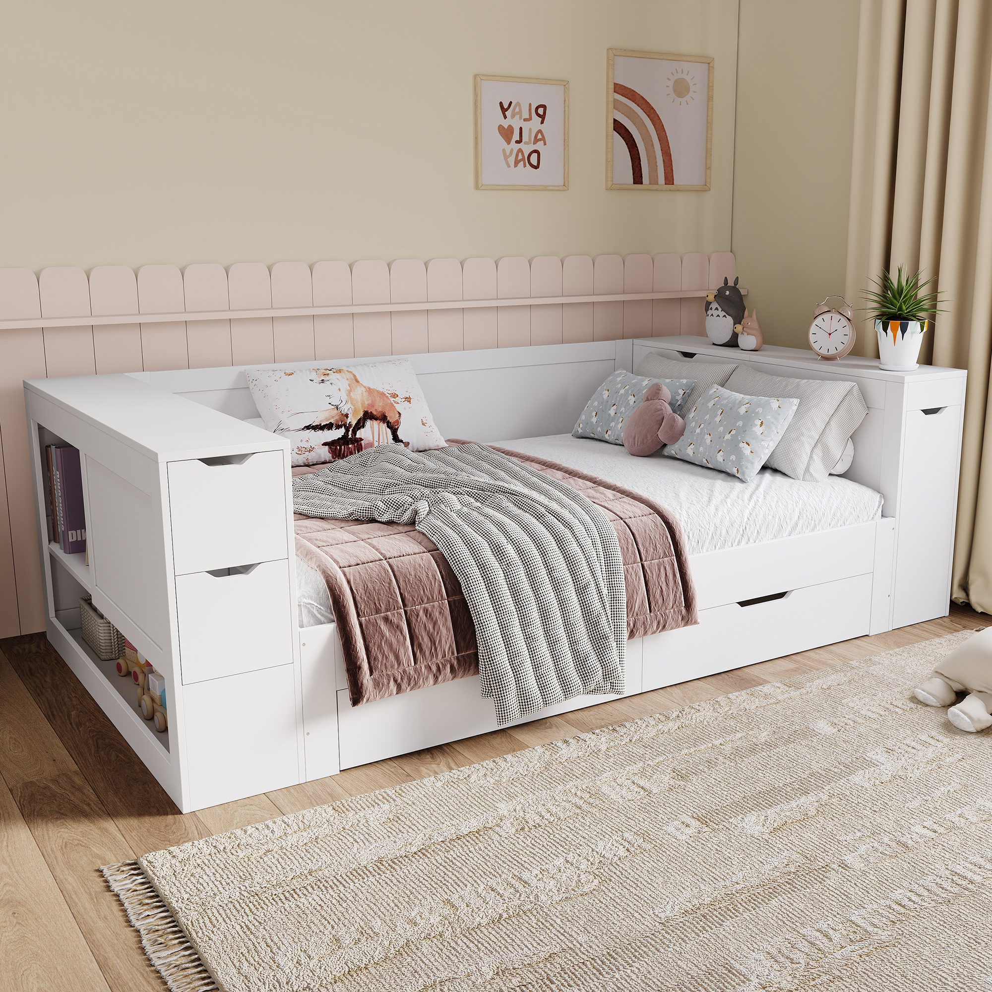 Children's Bed, Daybed, 3ft-90 X 190 Cm, Single Bed, Multifunctional Children's Bed With Drawers, Shelves And Storage Space, With Bedside Table, With Storage Space, Without Mattress, White