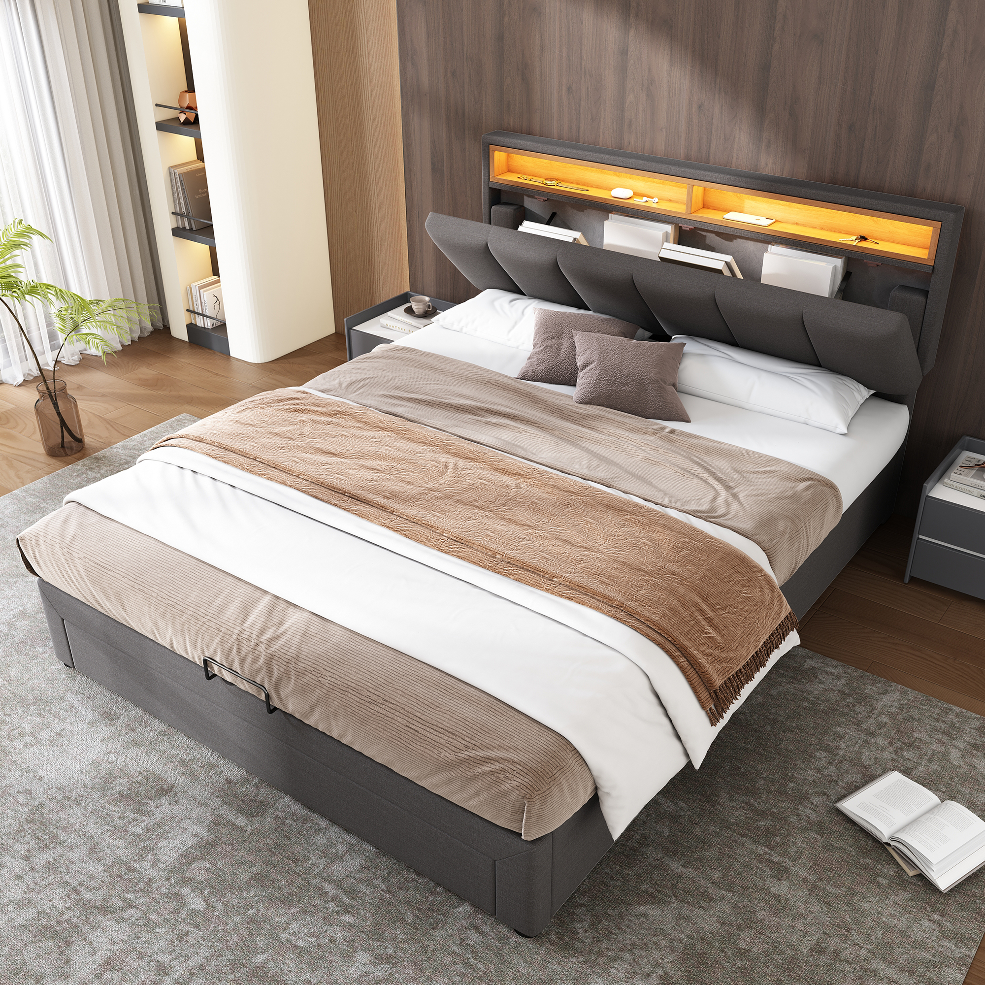 Upholstered Bed With LED Lighting, Double Bed-4ft6 135x190cm, Hydraulic Storage Bed With Bed Box, Drawers And Storage Compartments, Stowable Foam Headboard, Double Bed With Steel Frame, Linen, Grey