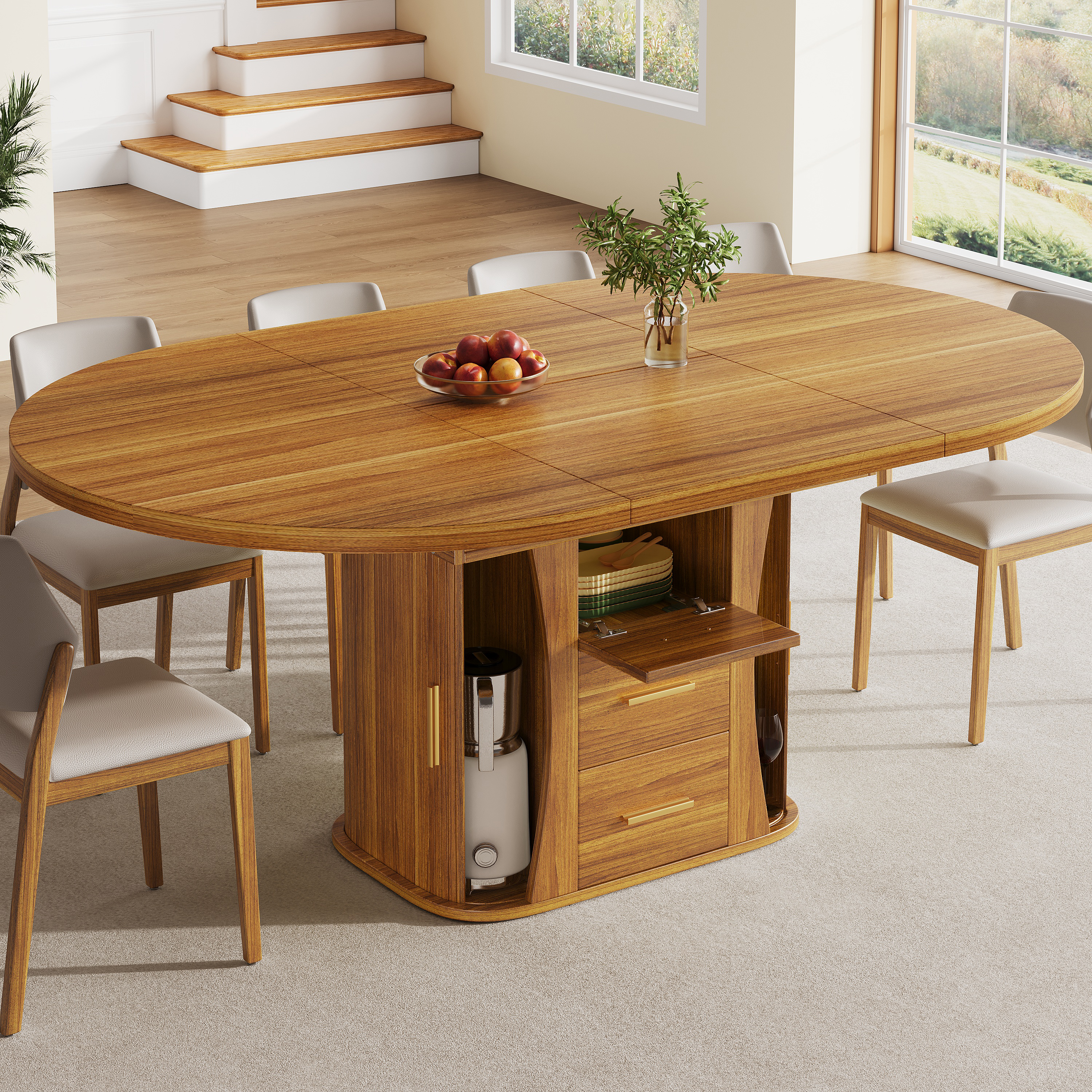 Extendable Dining Table, Dining Room Table, Kitchen Table, Round Dining Table, Extends To Oval, 118-158 Cm, Seats Up To 6 People, Three-tier Storage, Walnut