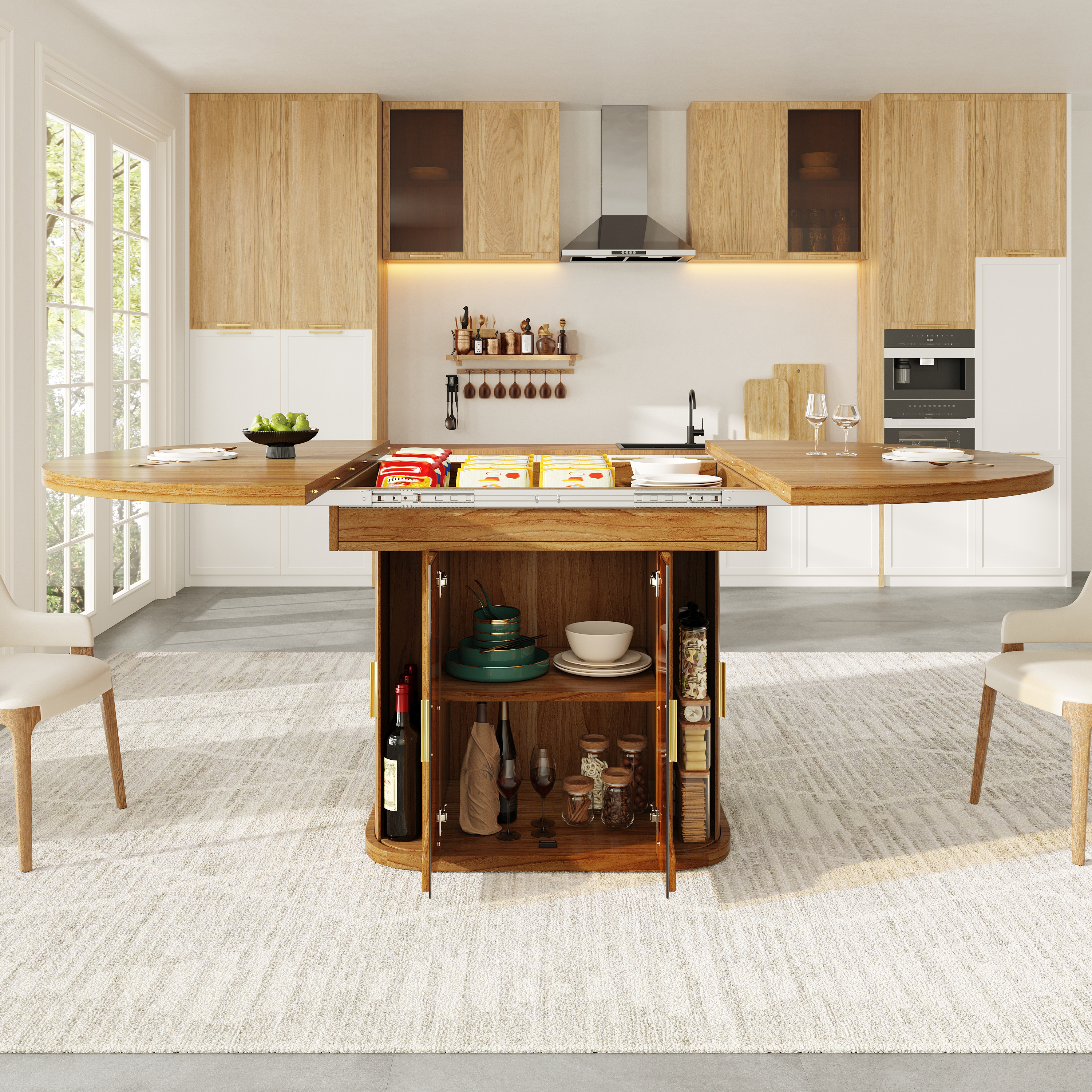 Extendable Dining Table, Dining Room Table, Kitchen Table, Round Dining Table, Extends To Oval, 118-158 Cm, Seats Up To 6 People, Dining Table With Glass Doors, Walnut