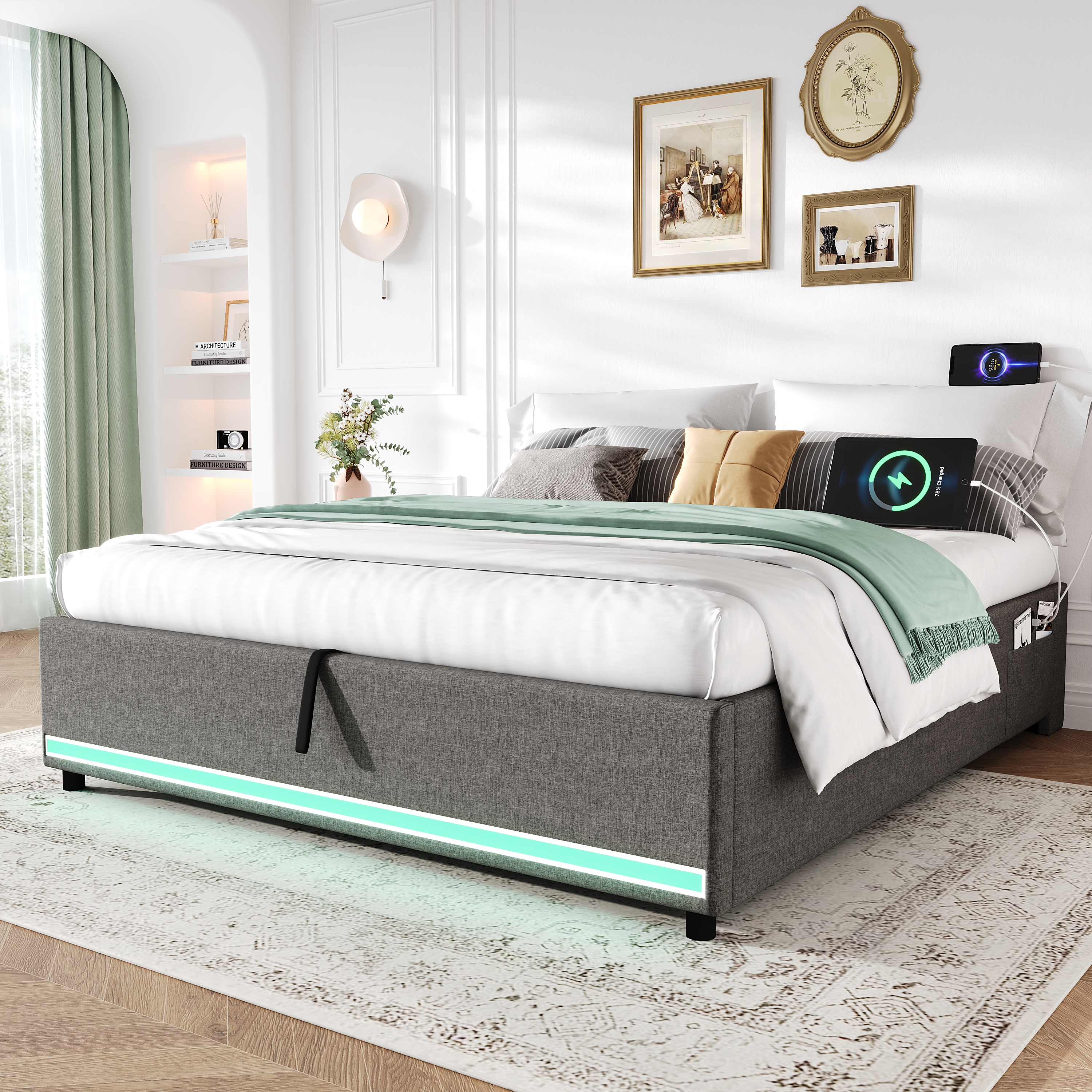 4ft6 Double Hydraulic Storage Bed, No Headboard Linen Bed Frame With APP Control LED Lights, Side Charging Station, Side Pockets, Grey No Mattress