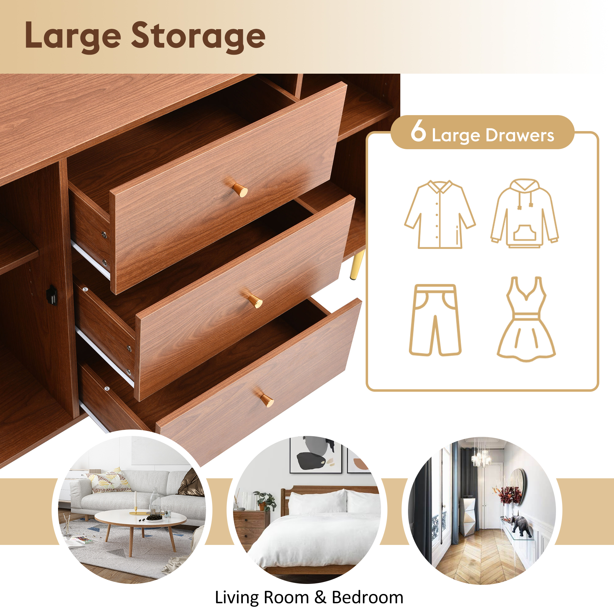 Rattan Sideboard Cabinet For Living Room, Chest Of Drawers, Sideboard With 2 Doors And 3 Drawers, Adjustable Shelf, Walnut -90H 150W 40D Cm