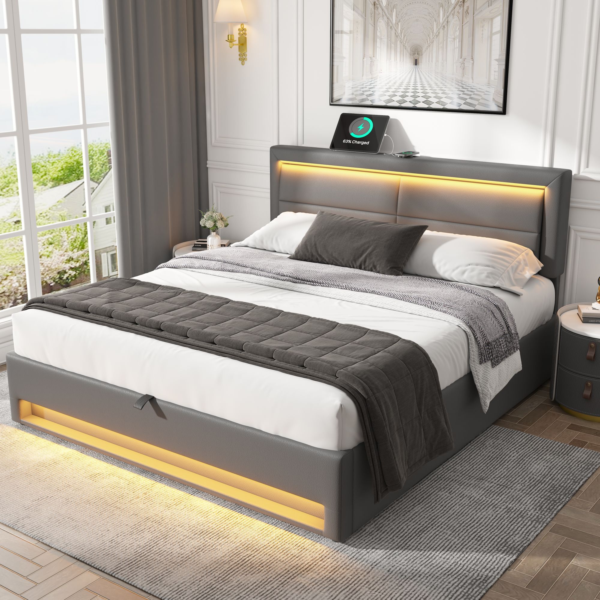 Upholstered Bed 180 X 200 Cm, Super King Size Bed-6ft,with USB Port Supports Wireless And Wired Charging, With LED Lighting And Storage Space, Without Mattress, PU Lychee Pattern, Grey