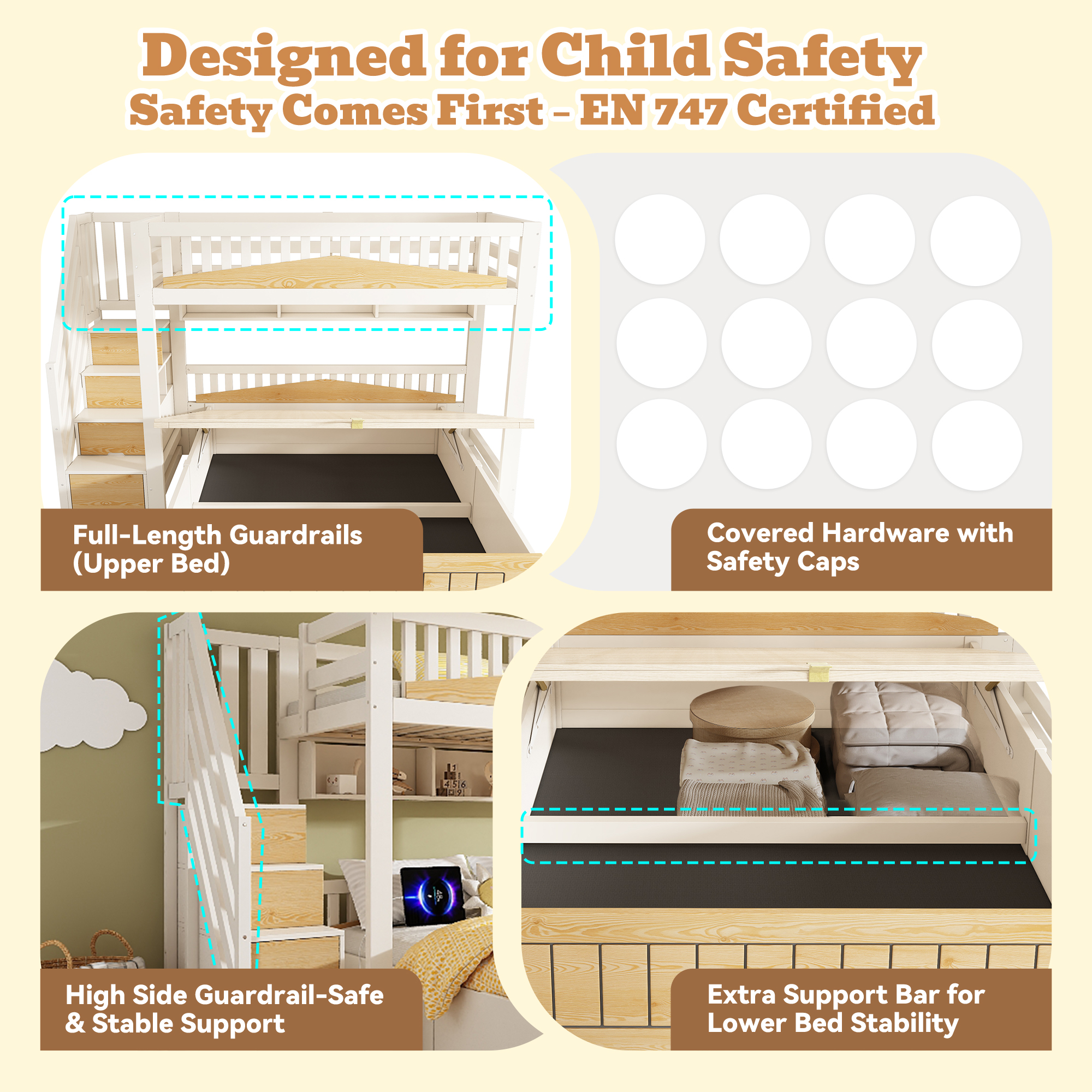 Offset Bunk Beds For Kids, Staircase Bunk With Hydraulic Storage & USB Charging, Children's Bed Double Bed For Family With Multiple Children, 90  135 X 190 Cm, White & Natural