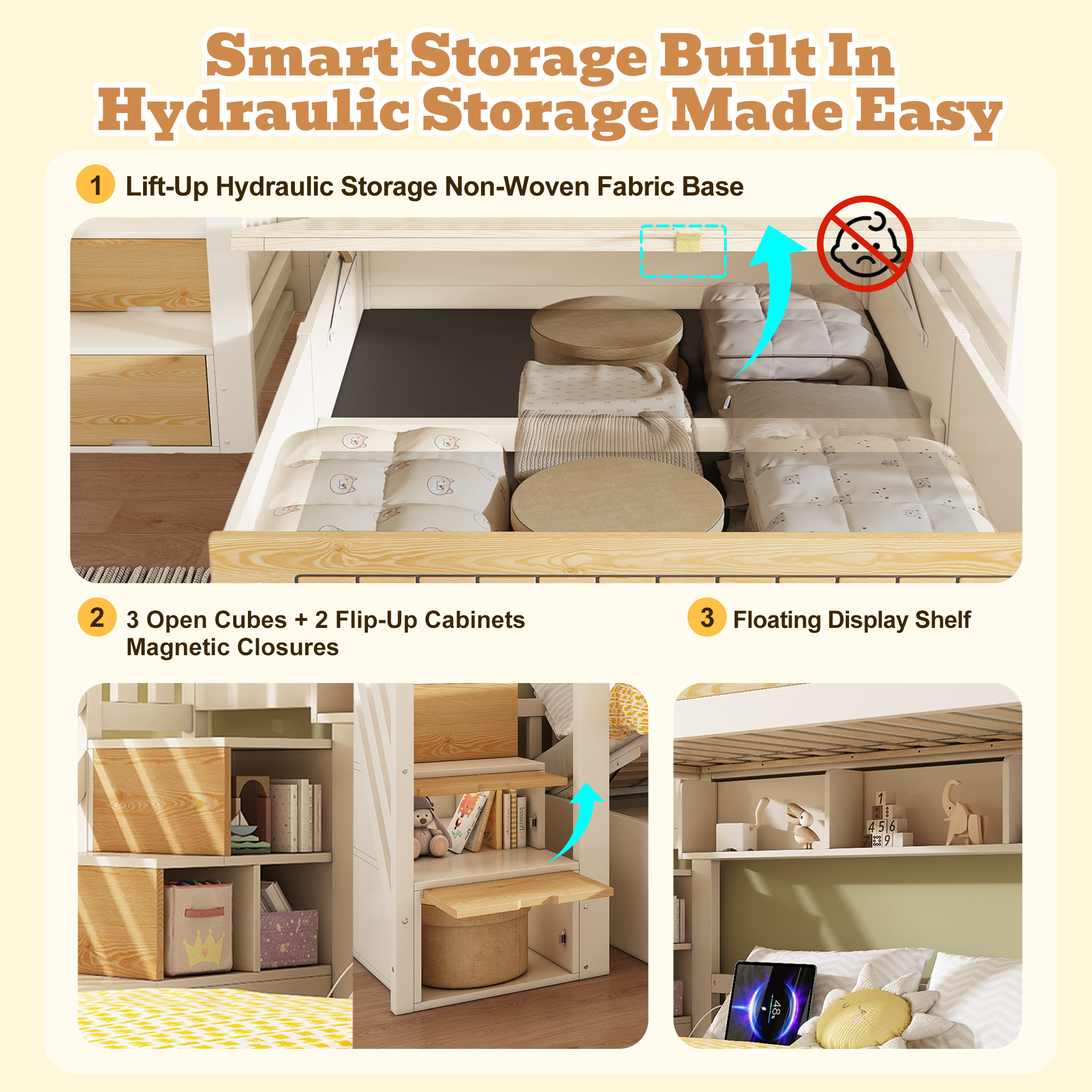 Offset Bunk Beds For Kids, Staircase Bunk With Hydraulic Storage & USB Charging, Children's Bed Double Bed For Family With Multiple Children, 90  135 X 190 Cm, White & Natural