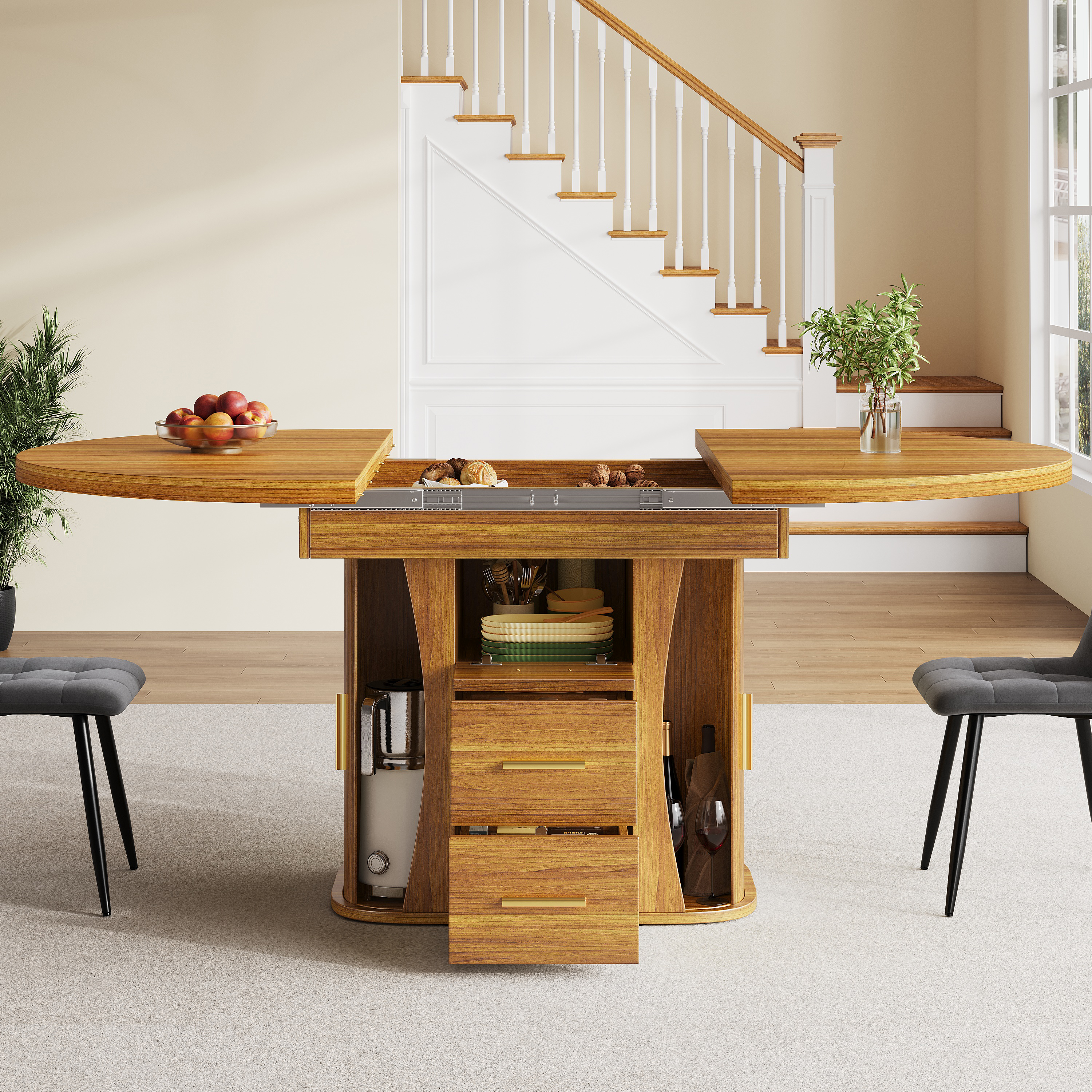 Extendable Dining Table, Dining Room Table, Kitchen Table, Round Dining Table, Extends To Oval, 118-158 Cm, Seats Up To 6 People, Three-tier Storage, Walnut