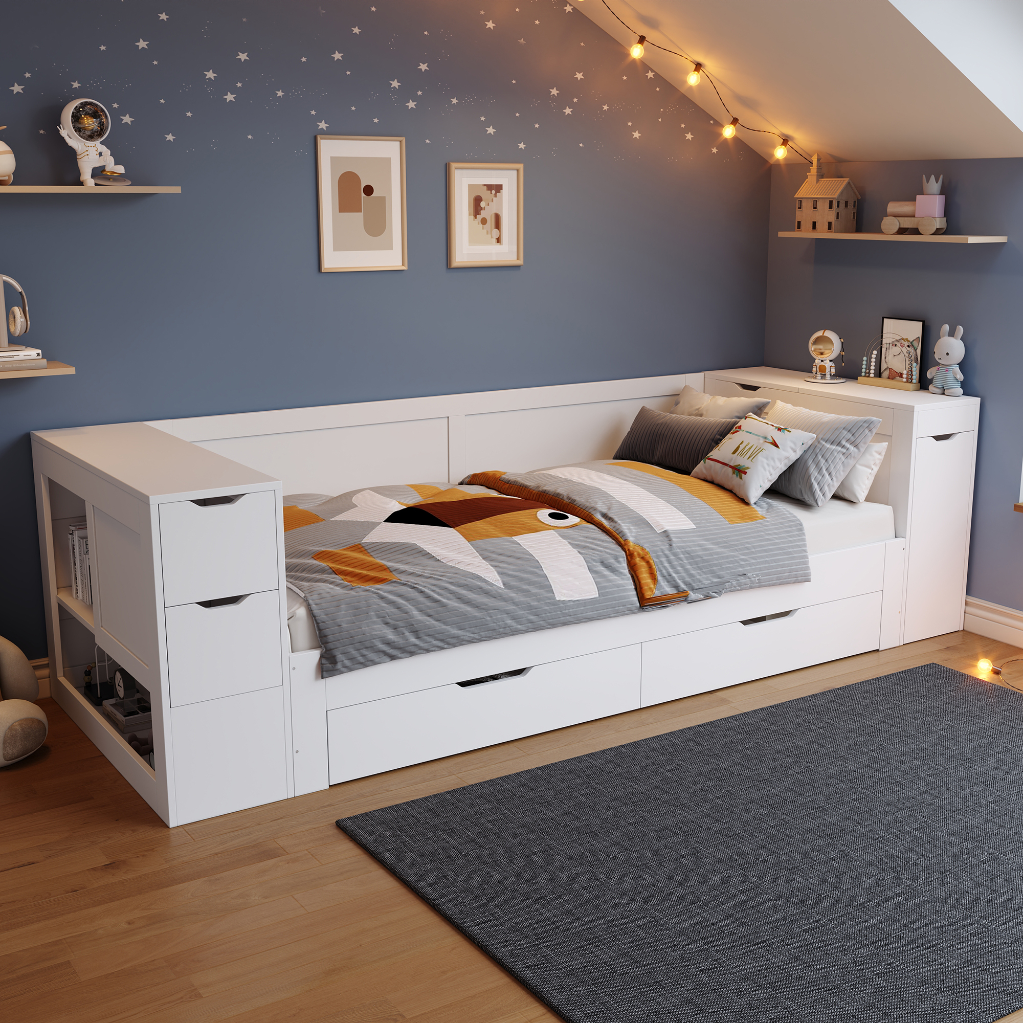 Children's Bed, Daybed, 3ft-90 X 190 Cm, Single Bed, Multifunctional Children's Bed With Drawers, Shelves And Storage Space, With Bedside Table, With Storage Space, Without Mattress, White