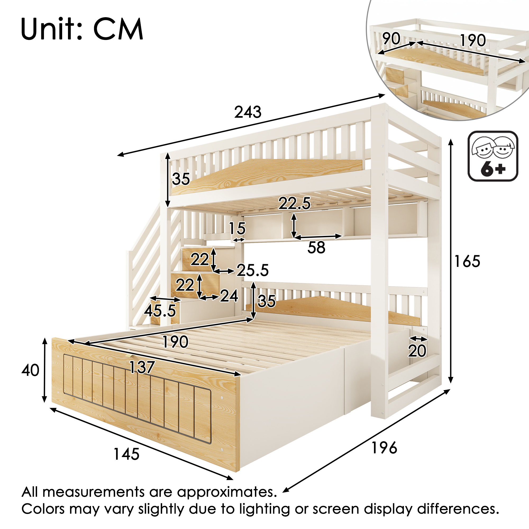 Offset Bunk Beds For Kids, Staircase Bunk With Hydraulic Storage & USB Charging, Children's Bed Double Bed For Family With Multiple Children, 90  135 X 190 Cm, White & Natural