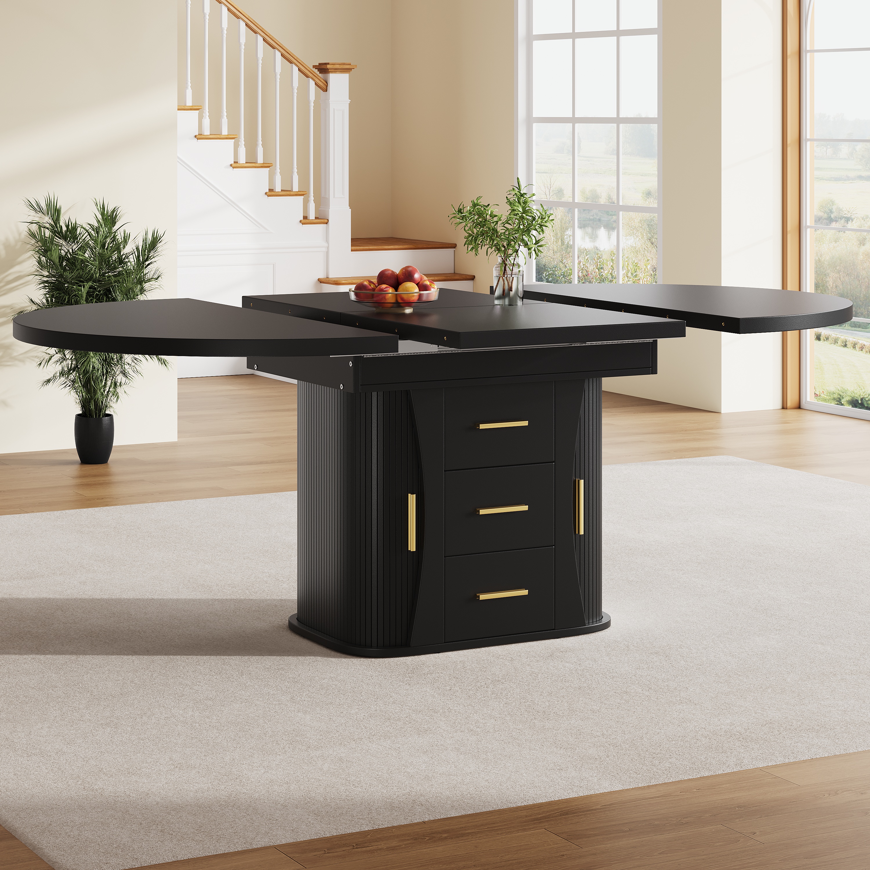 Extendable Dining Table, Dining Room Table, Kitchen Table, Round Dining Table, Extends To Oval, 118-158 Cm, Seats Up To 6 People, Three-tier Storage, Black