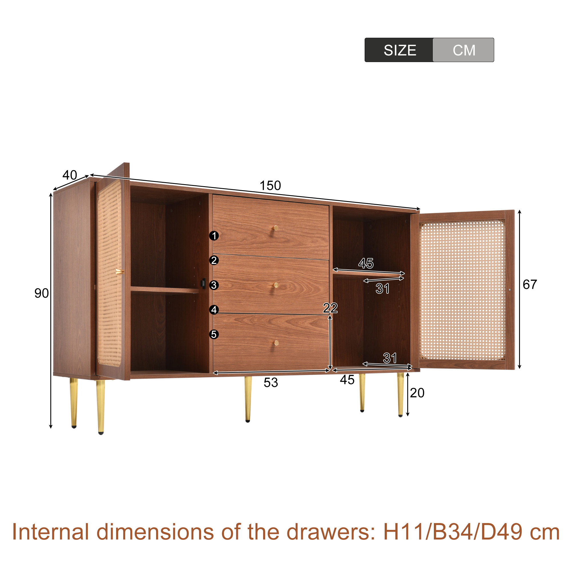 Rattan Sideboard Cabinet For Living Room, Chest Of Drawers, Sideboard With 2 Doors And 3 Drawers, Adjustable Shelf, Walnut -90H 150W 40D Cm