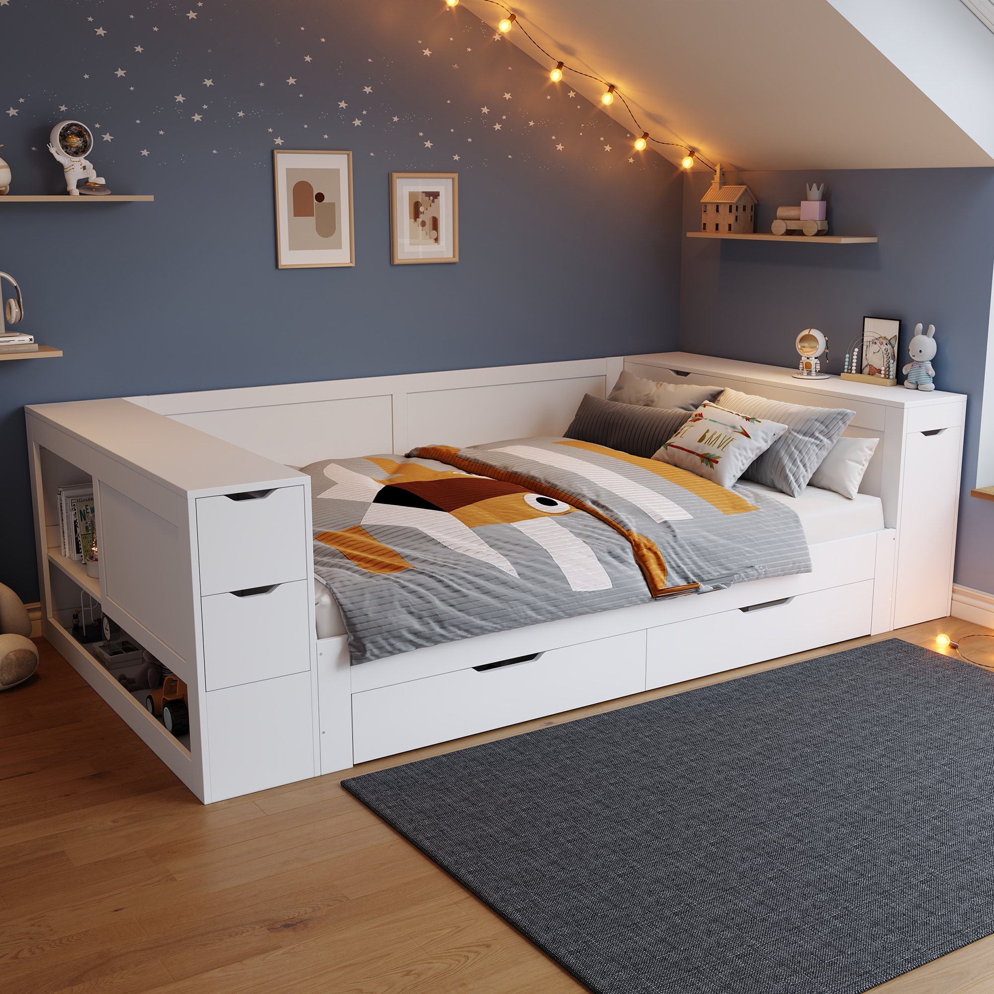 Childrens Bed, Daybed, 4ft6-135 X 190 Cm, Double Bed, Multifunctional Children's Bed With Drawers, Shelves And Storage Space, With Bedside Table, With Storage Space, Without Mattress, White