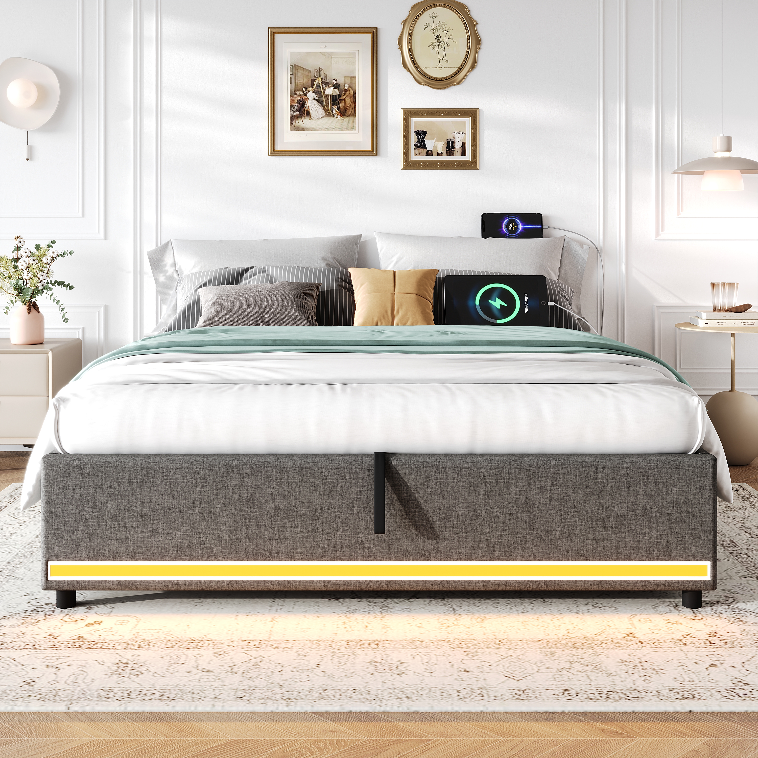 4ft6 Double Hydraulic Storage Bed, No Headboard Linen Bed Frame With APP Control LED Lights, Side Charging Station, Side Pockets, Grey No Mattress