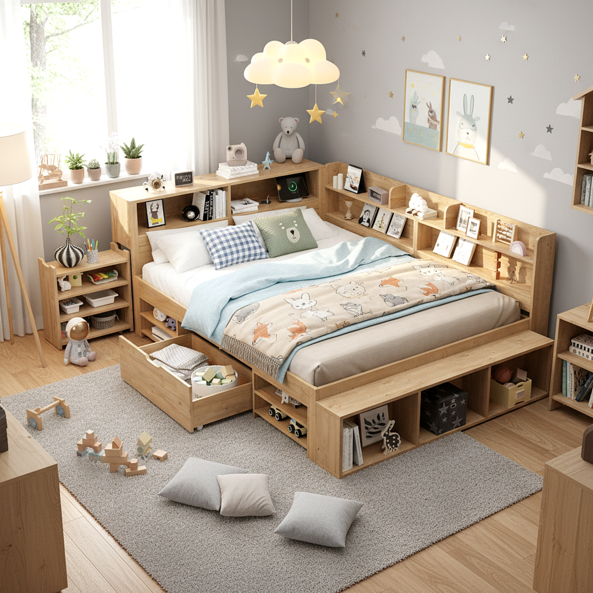 Children's Bed, Double Bed-4ft6  135x190cm, Multifunctional Children's Bed With Drawers, Bookcase And Storage Cupboard, Large Storage Space, Slatted Frame, Without Mattress, Natural Color