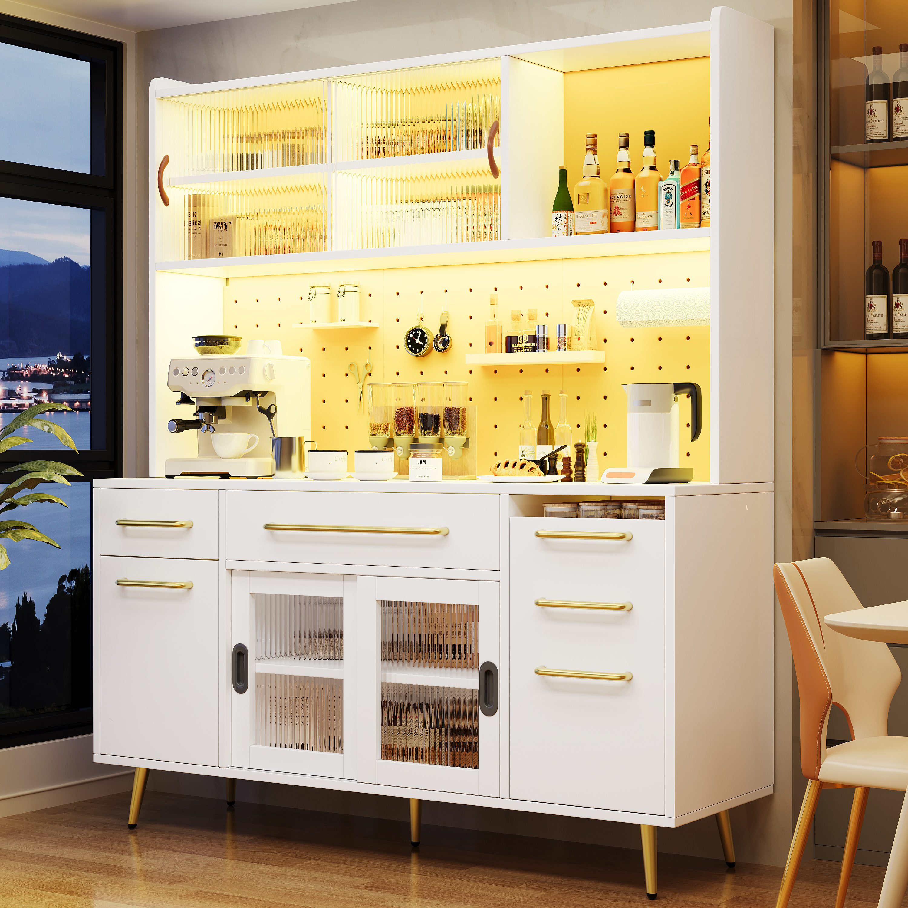 Modernes Sideboard Mit LED Beleuchtung  Hochschrank Fur Kuche  Wohnzimmer, Aufbewahrungsschrank Mit Lochwand, Schublade  Glasboden, White