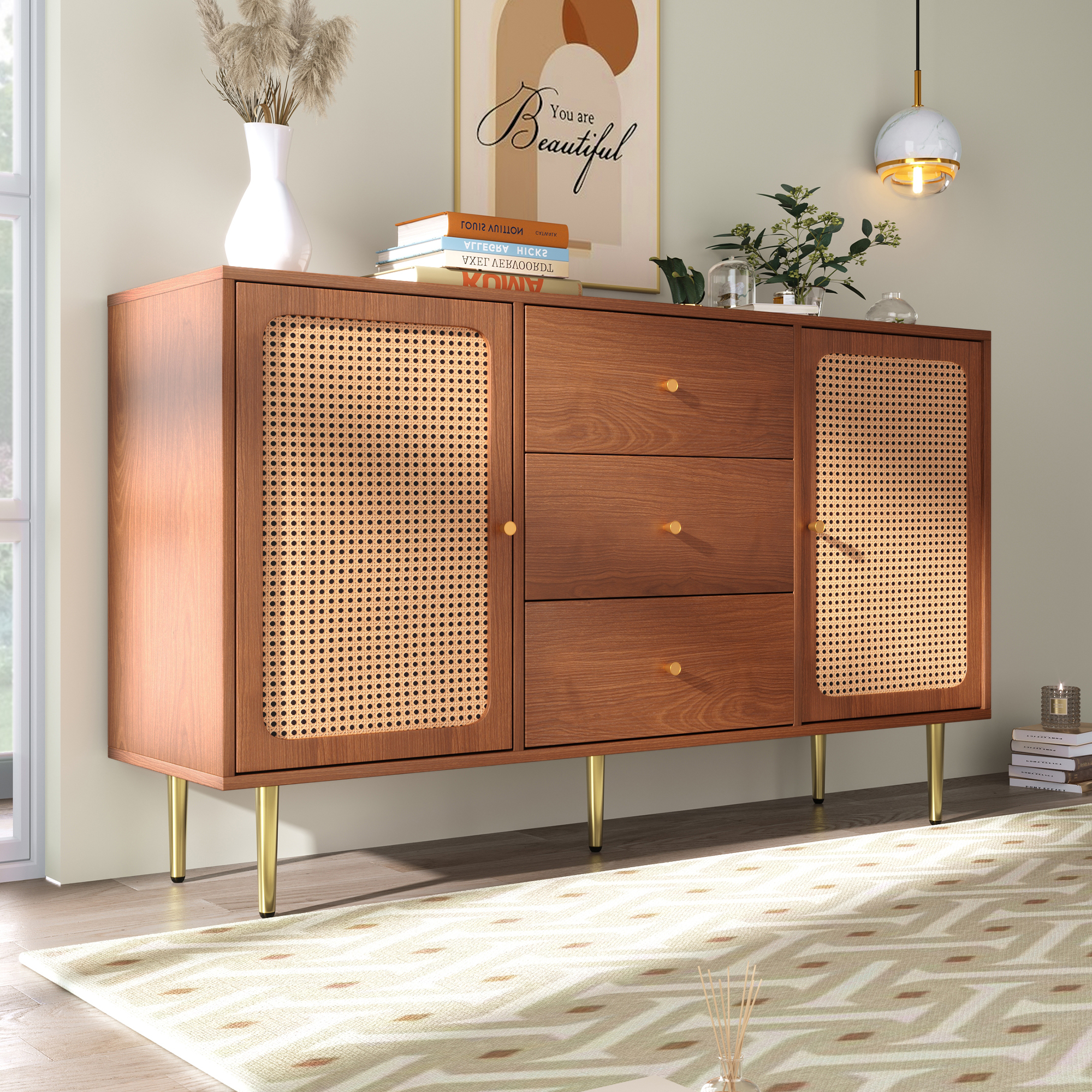 Rattan Sideboard Cabinet For Living Room, Chest Of Drawers, Sideboard With 2 Doors And 3 Drawers, Adjustable Shelf, Walnut -90H 150W 40D Cm