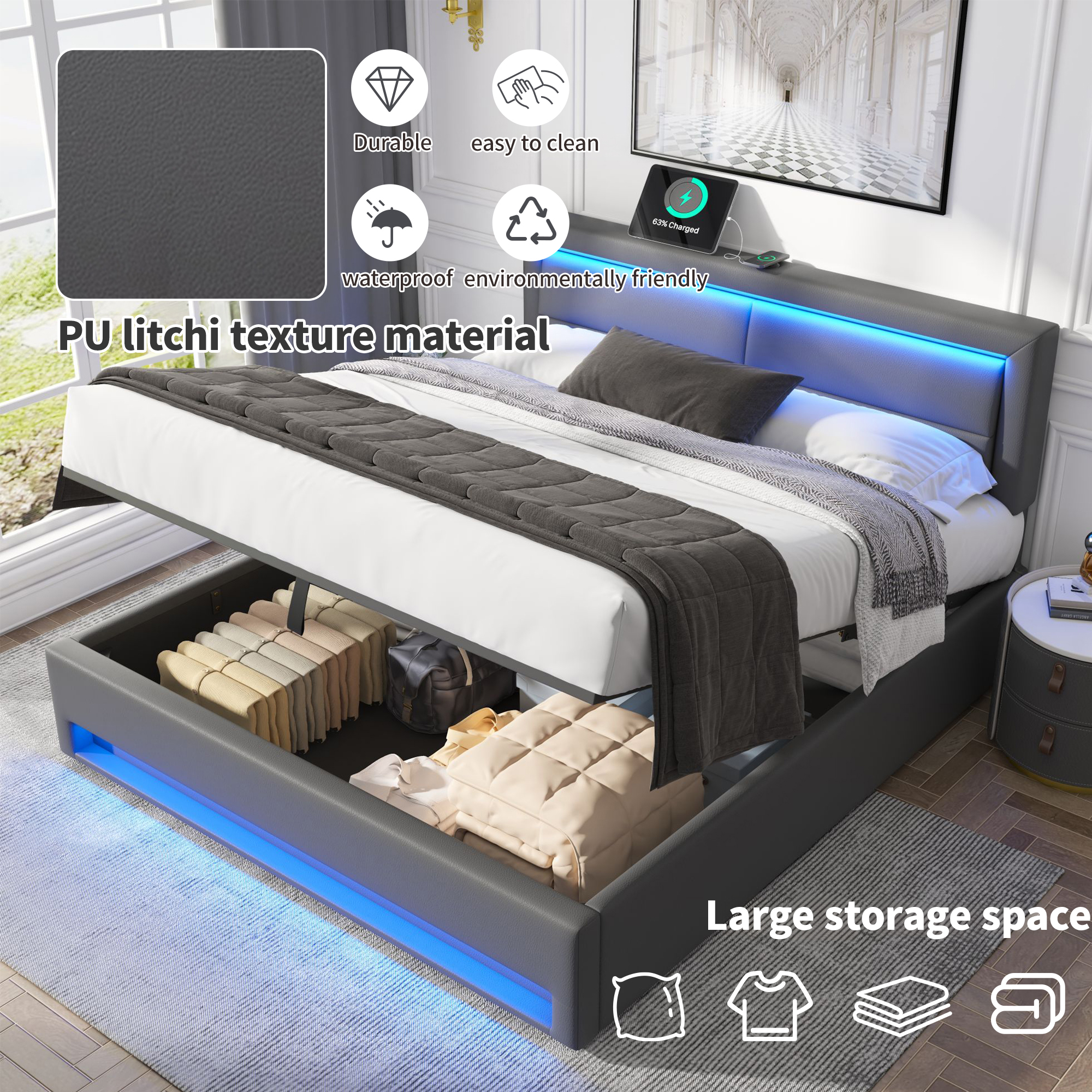 Upholstered Bed 180 X 200 Cm, Super King Size Bed-6ft,with USB Port Supports Wireless And Wired Charging, With LED Lighting And Storage Space, Without Mattress, PU Lychee Pattern, Grey
